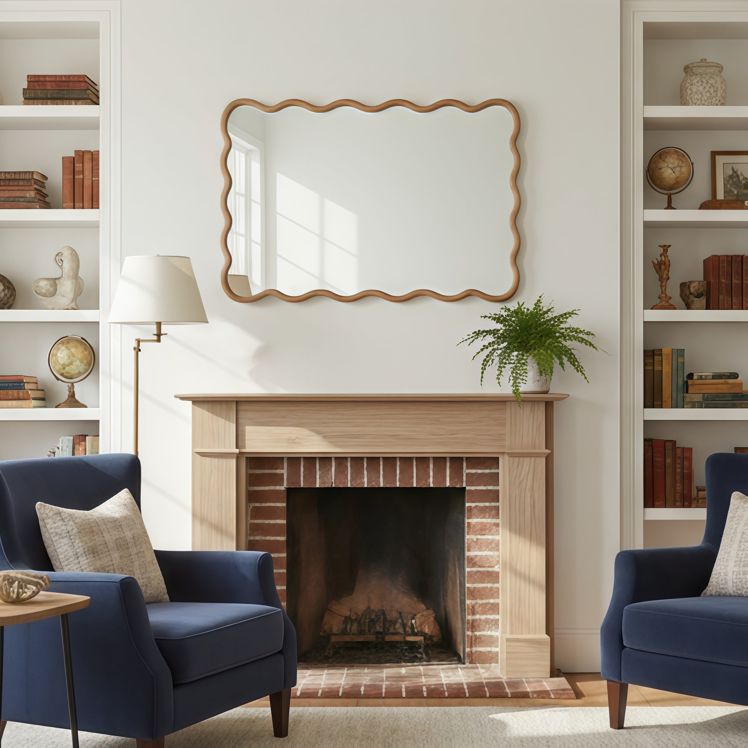 24 in. x 36 in. Wavy Rectangle Solid Wood Wall Mirror, Boho Decorative Tempered Glass Vanity Mirror for Bathroom, Bedroom & Entryway