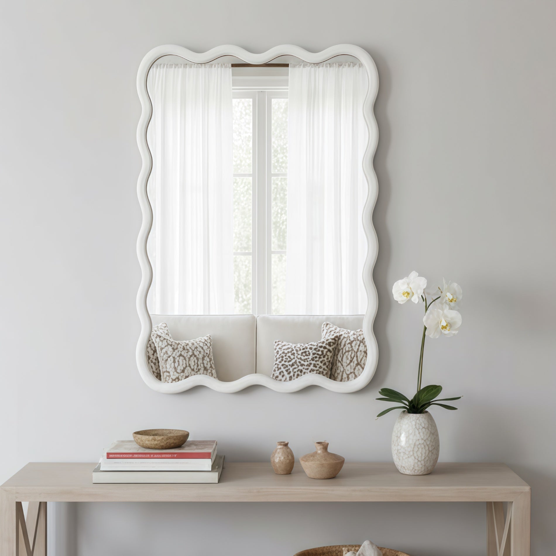 24 in. x 36 in. Wavy Rectangle Solid Wood Wall Mirror, Boho Decorative Tempered Glass Vanity Mirror for Bathroom, Bedroom & Entryway