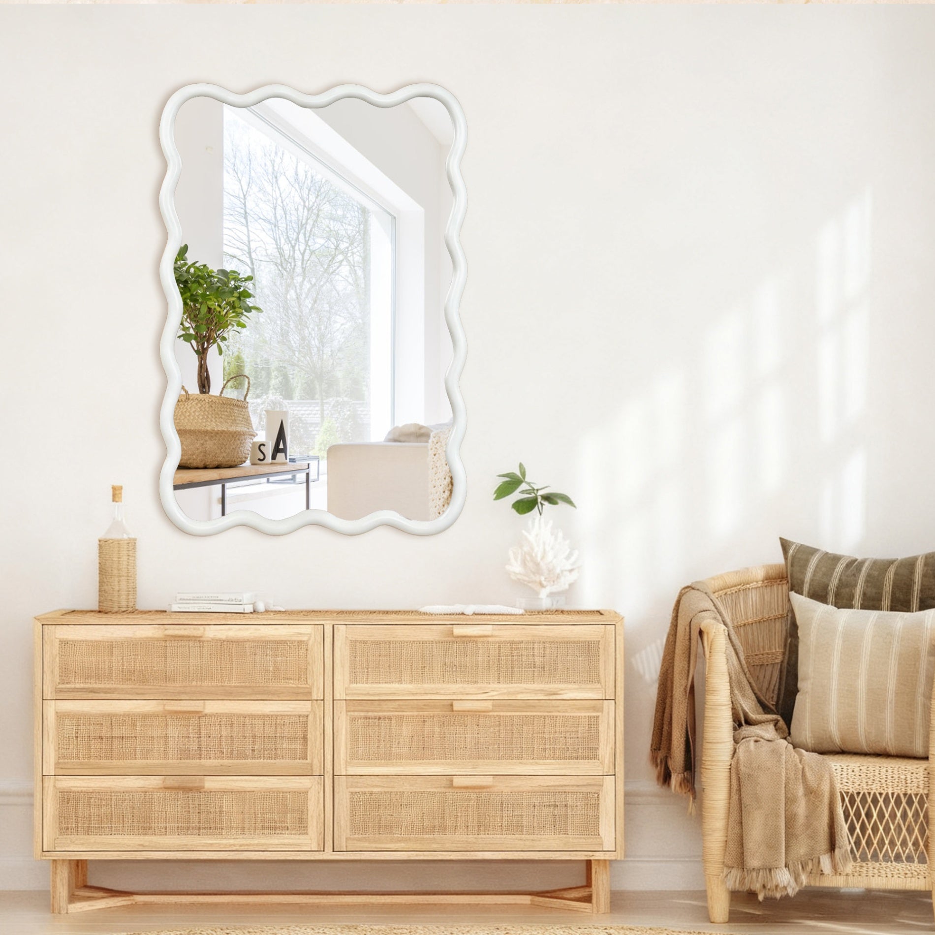 24 in. x 36 in. Wavy Rectangle Solid Wood Wall Mirror, Boho Decorative Tempered Glass Vanity Mirror for Bathroom, Bedroom & Entryway