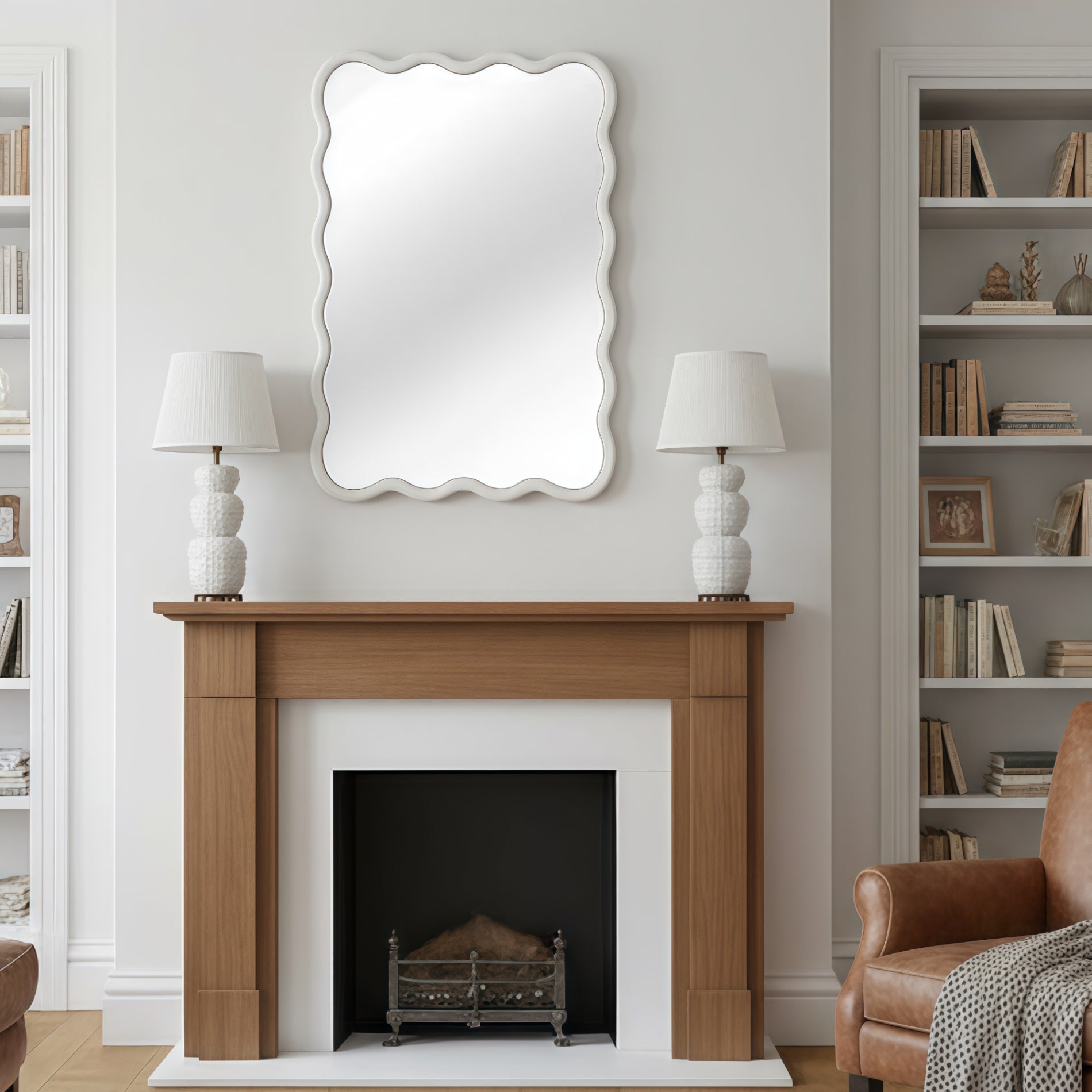 24 in. x 36 in. Wavy Rectangle Solid Wood Wall Mirror, Boho Decorative Tempered Glass Vanity Mirror for Bathroom, Bedroom & Entryway