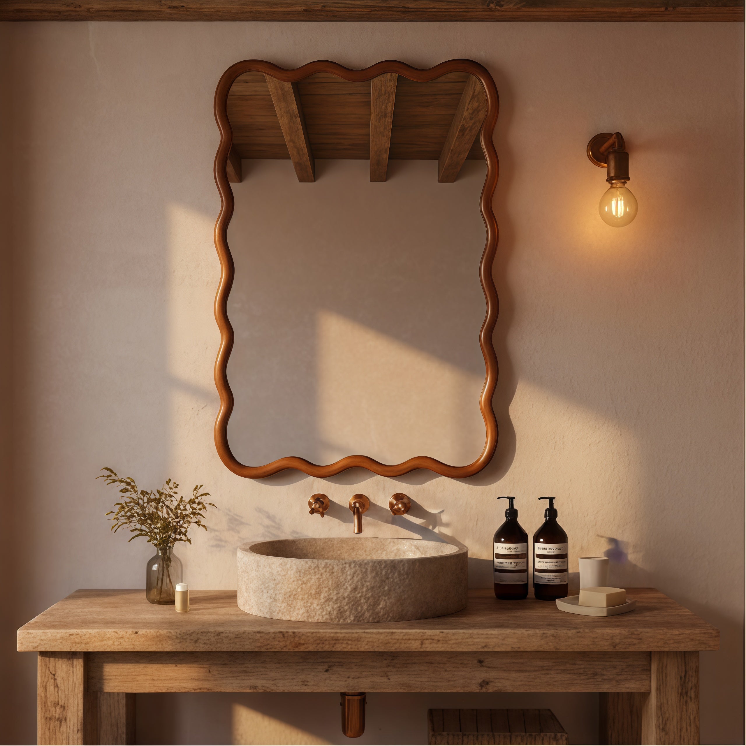 24 in. x 36 in. Wavy Rectangle Solid Wood Wall Mirror, Boho Decorative Tempered Glass Vanity Mirror for Bathroom, Bedroom & Entryway