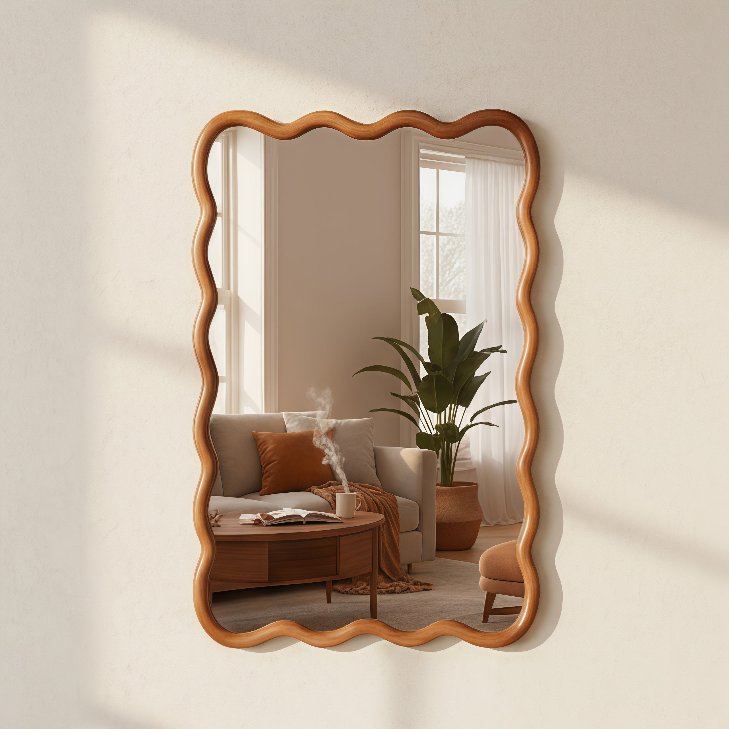 24 in. x 36 in. Wavy Rectangle Solid Wood Wall Mirror, Boho Decorative Tempered Glass Vanity Mirror for Bathroom, Bedroom & Entryway