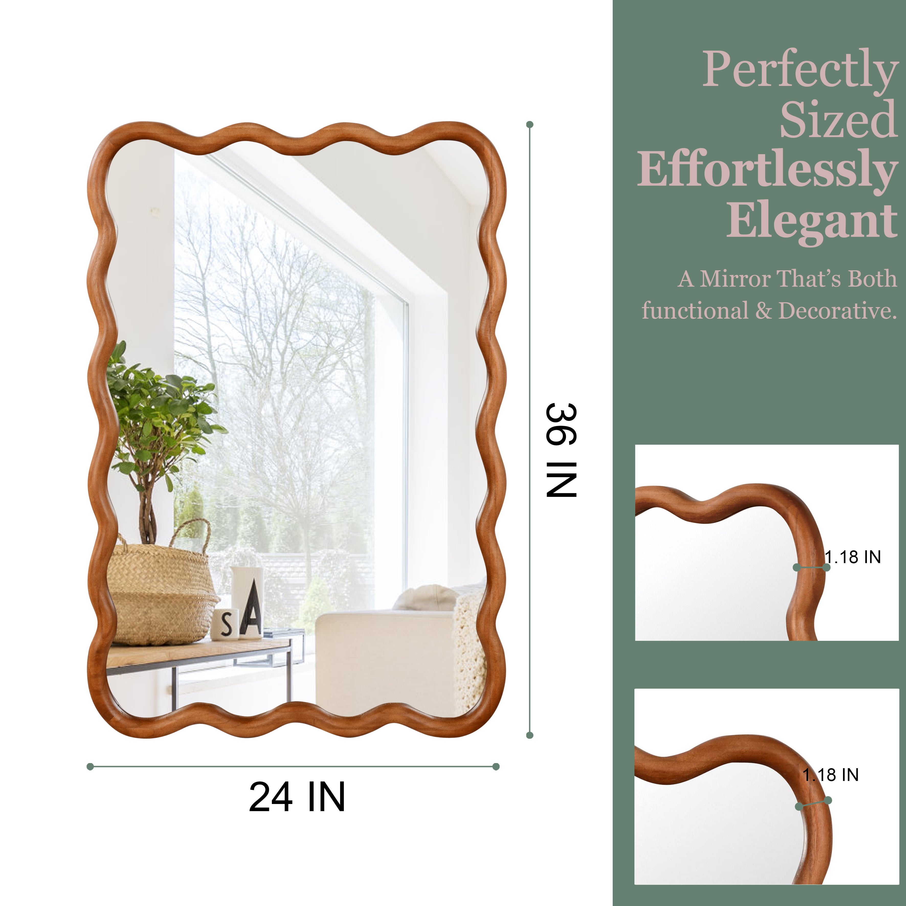 24 in. x 36 in. Wavy Rectangle Solid Wood Wall Mirror, Boho Decorative Tempered Glass Vanity Mirror for Bathroom, Bedroom & Entryway