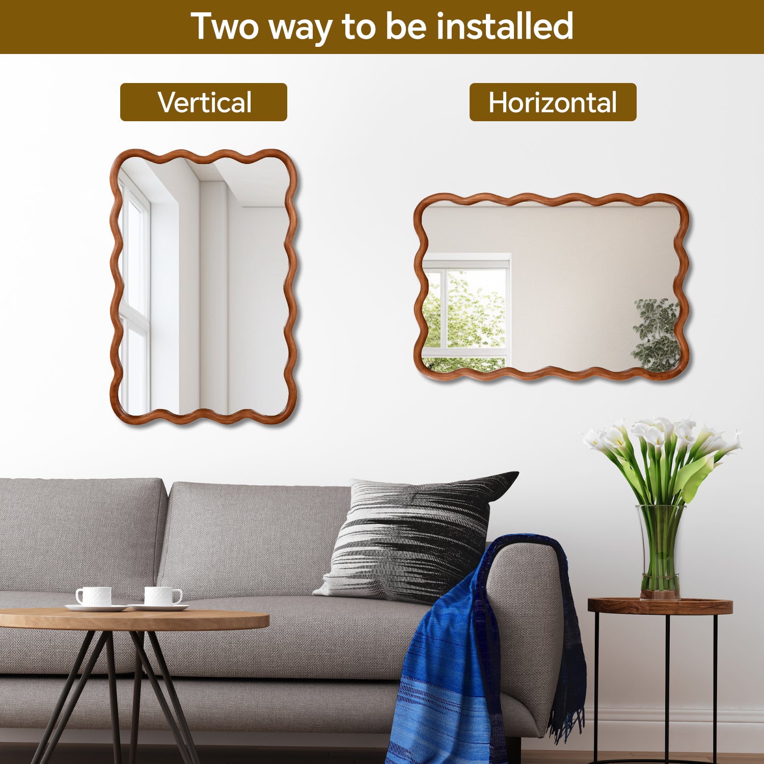 24 in. x 36 in. Wavy Rectangle Solid Wood Wall Mirror, Boho Decorative Tempered Glass Vanity Mirror for Bathroom, Bedroom & Entryway