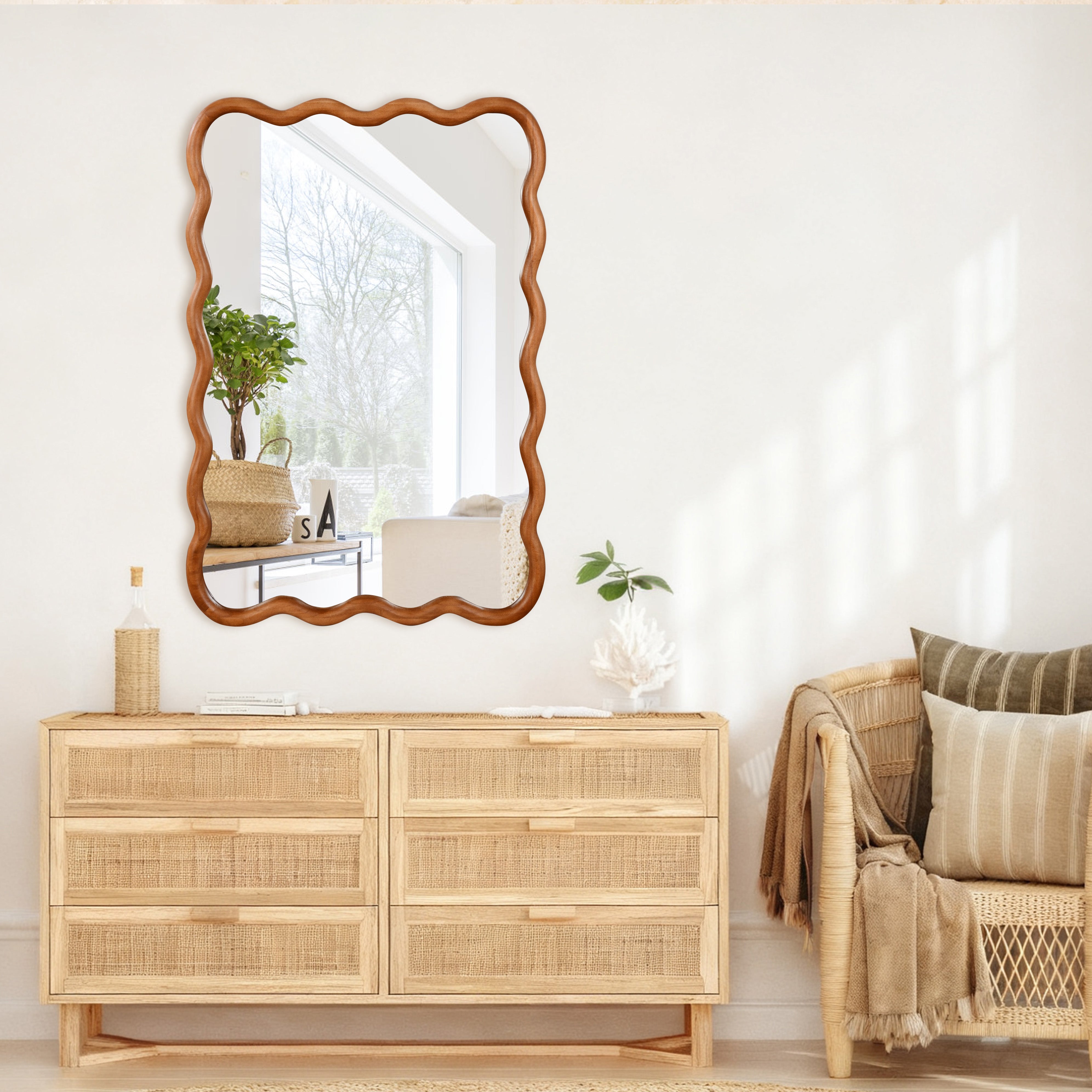 24 in. x 36 in. Wavy Rectangle Solid Wood Wall Mirror, Boho Decorative Tempered Glass Vanity Mirror for Bathroom, Bedroom & Entryway