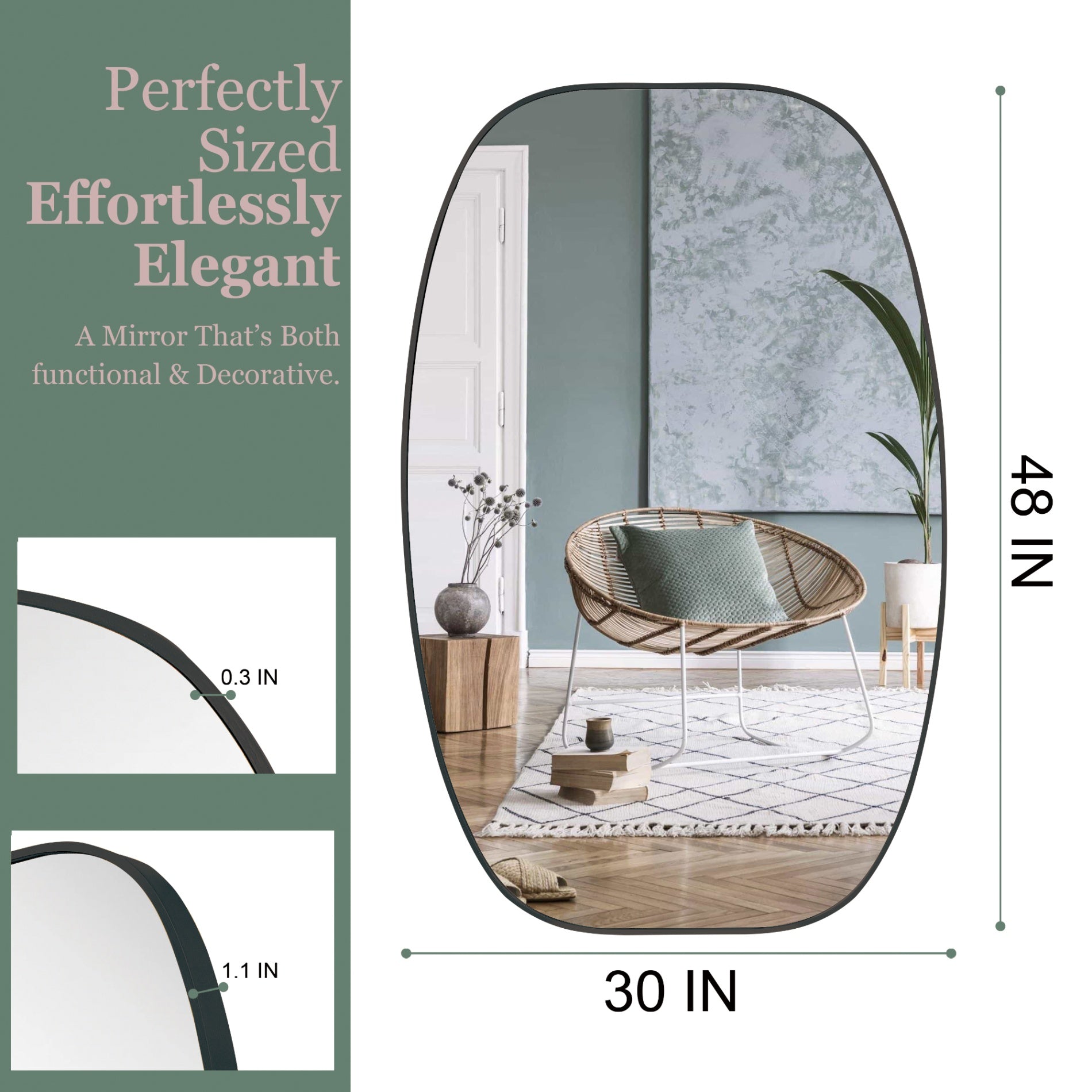30 in. x 48 in. Metal Framed Oblong Oval Bathroom Vanity Mirror, 4 mm HD Wall Mirror, Horizontal or Vertical