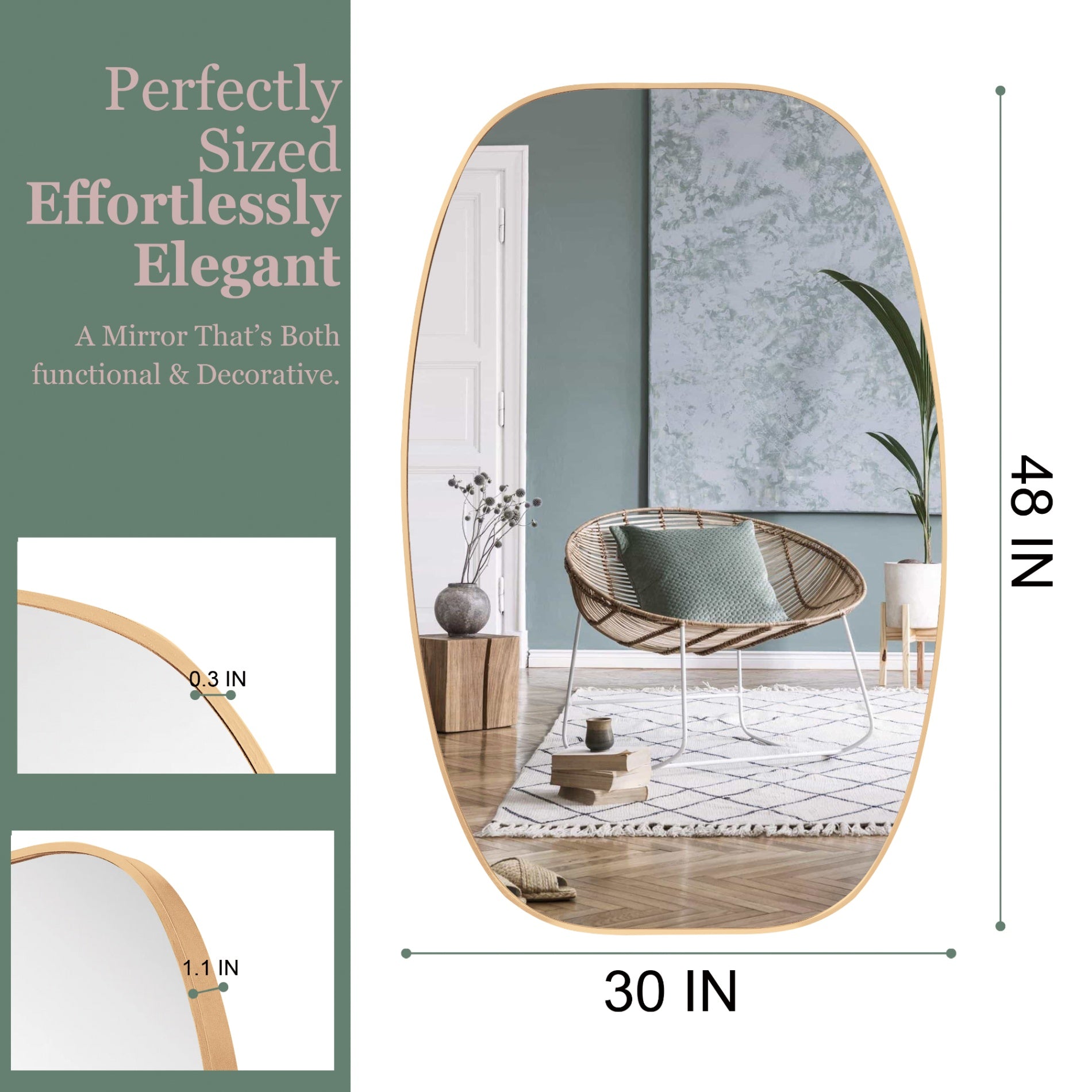 30 in. x 48 in. Metal Framed Oblong Oval Bathroom Vanity Mirror, 4 mm HD Wall Mirror, Horizontal or Vertical