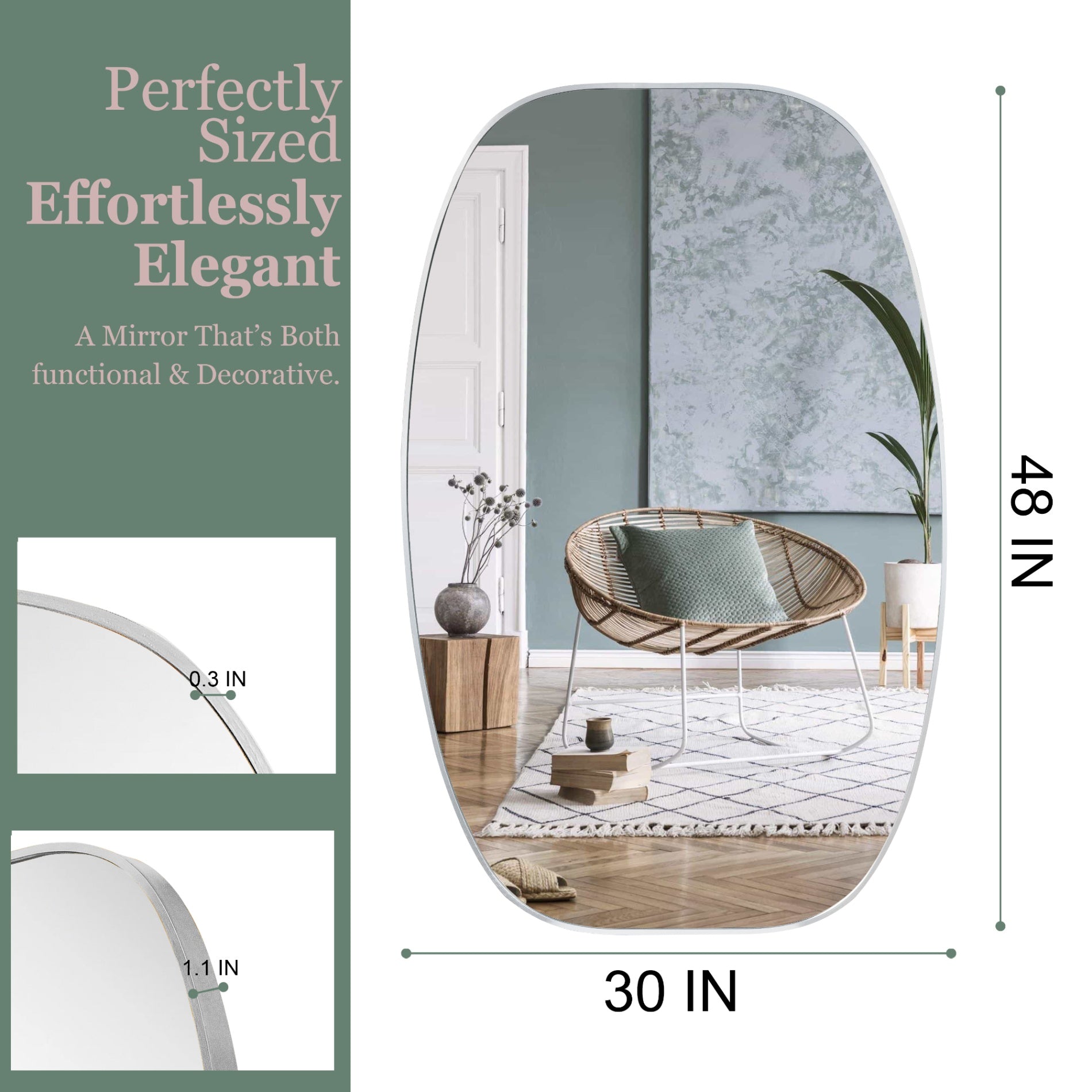 30 in. x 48 in. Metal Framed Oblong Oval Bathroom Vanity Mirror, 4 mm HD Wall Mirror, Horizontal or Vertical