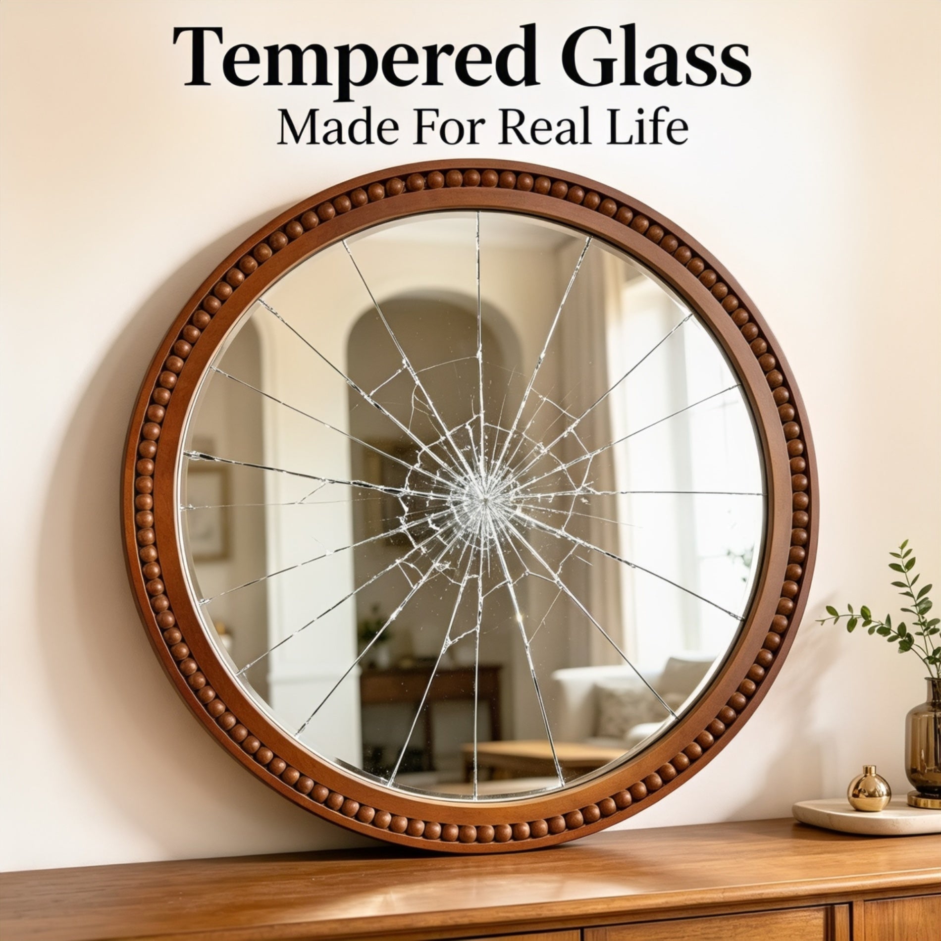 30×30 Inch Round Wall Mirror with Beaded Solid Wood Frame, Rustic Farmhouse Decor Mirror for Entryway, Bathroom & Living Room