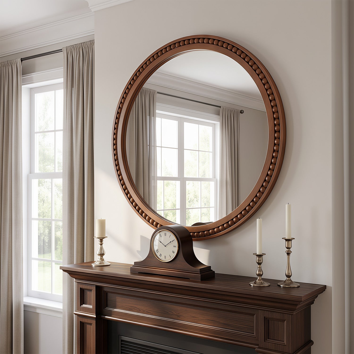 30×30 Inch Round Wall Mirror with Beaded Solid Wood Frame, Rustic Farmhouse Decor Mirror for Entryway, Bathroom & Living Room