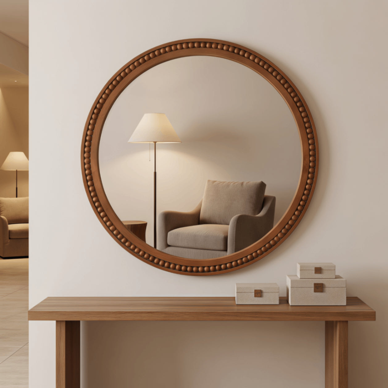 30×30 Inch Round Wall Mirror with Beaded Solid Wood Frame, Rustic Farmhouse Decor Mirror for Entryway, Bathroom & Living Room