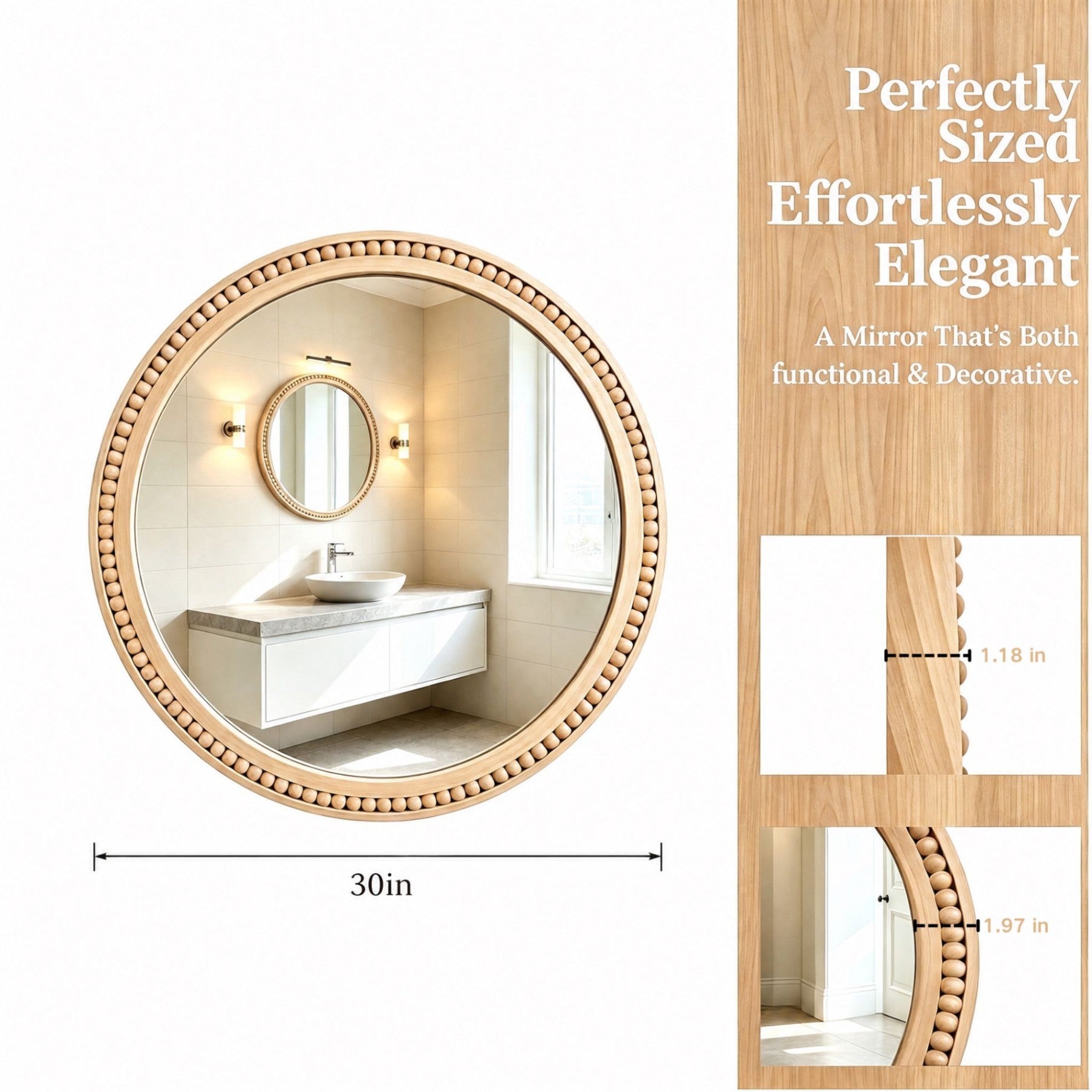 30×30 Inch Round Wall Mirror with Beaded Solid Wood Frame, Rustic Farmhouse Decor Mirror for Entryway, Bathroom & Living Room