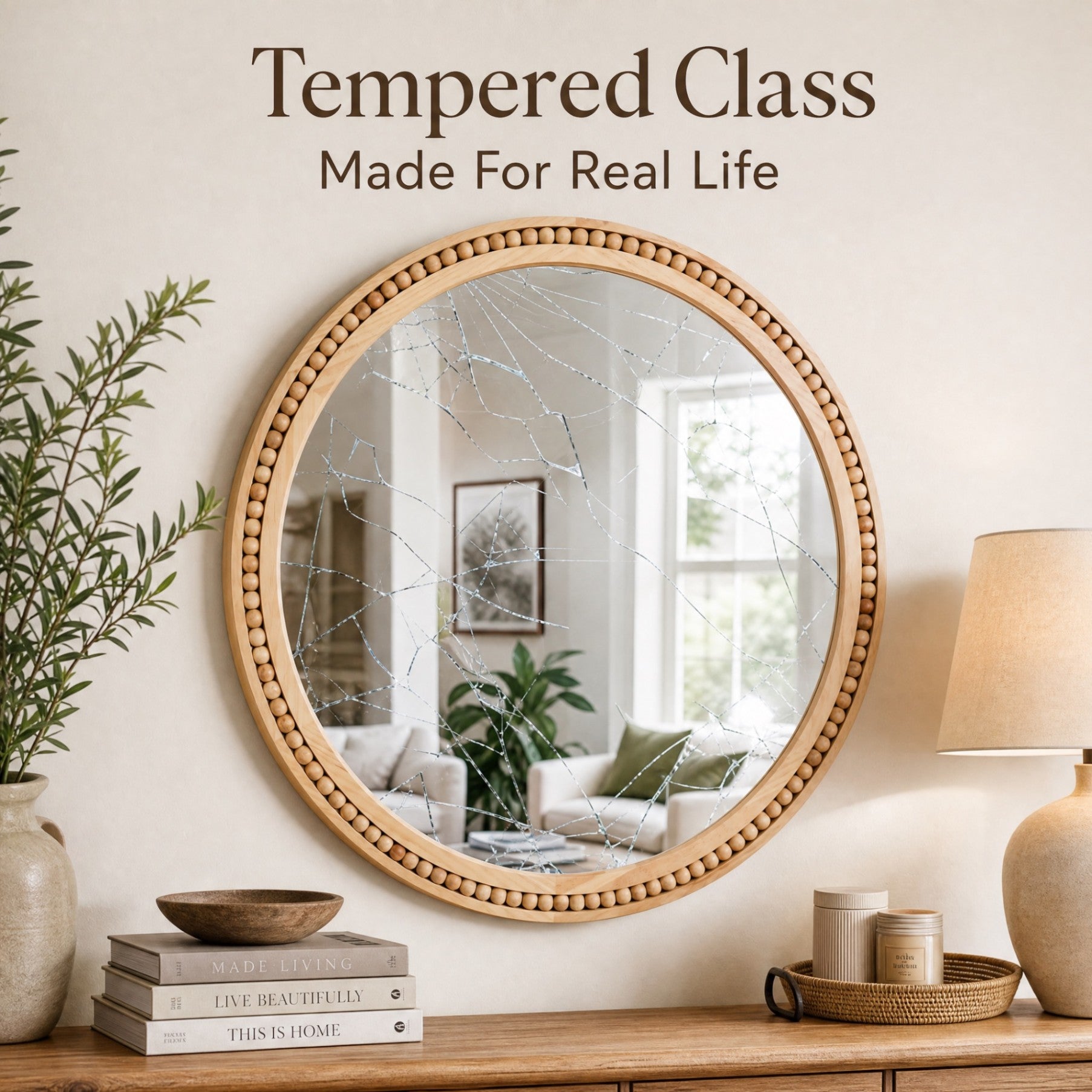 30×30 Inch Round Wall Mirror with Beaded Solid Wood Frame, Rustic Farmhouse Decor Mirror for Entryway, Bathroom & Living Room