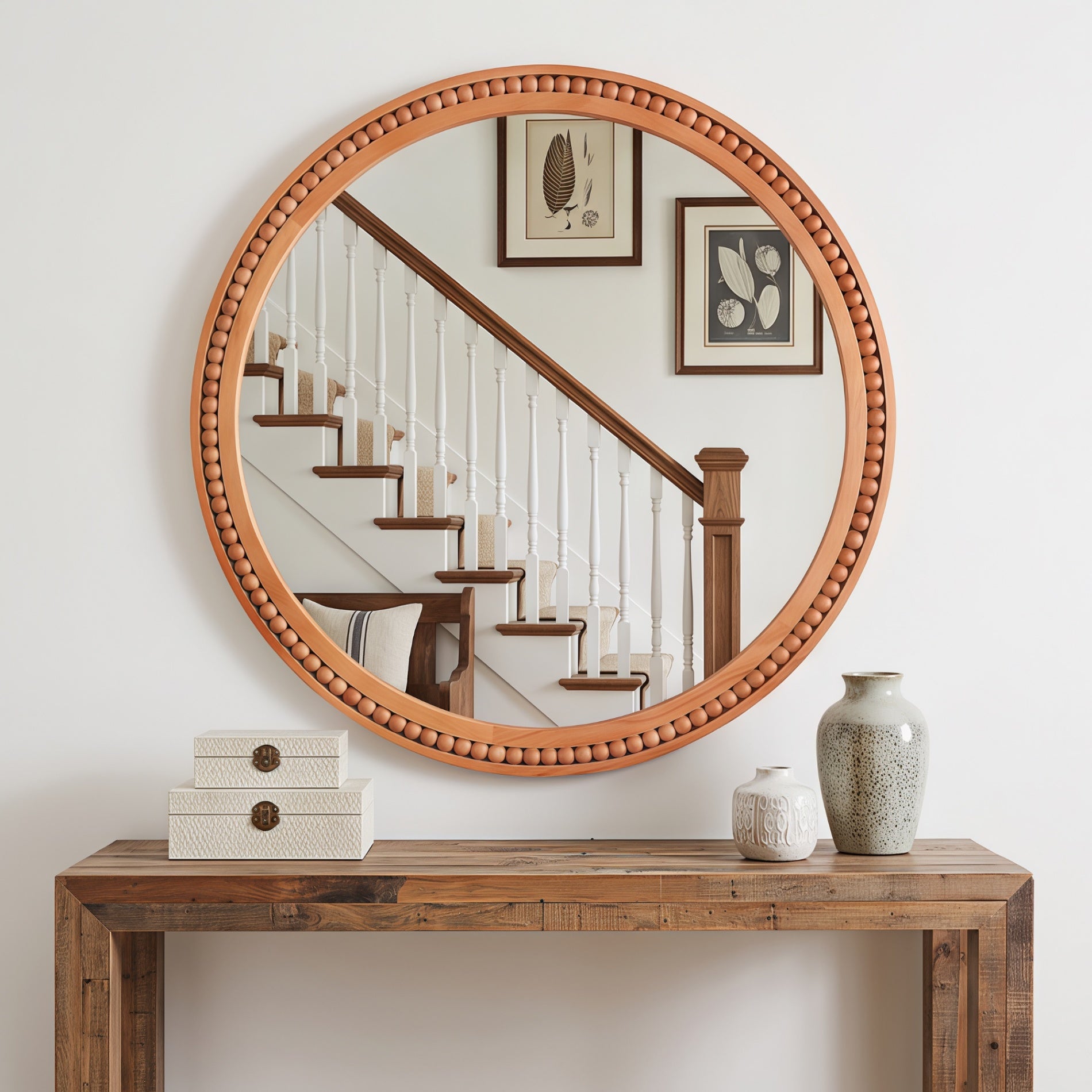 30×30 Inch Round Wall Mirror with Beaded Solid Wood Frame, Rustic Farmhouse Decor Mirror for Entryway, Bathroom & Living Room