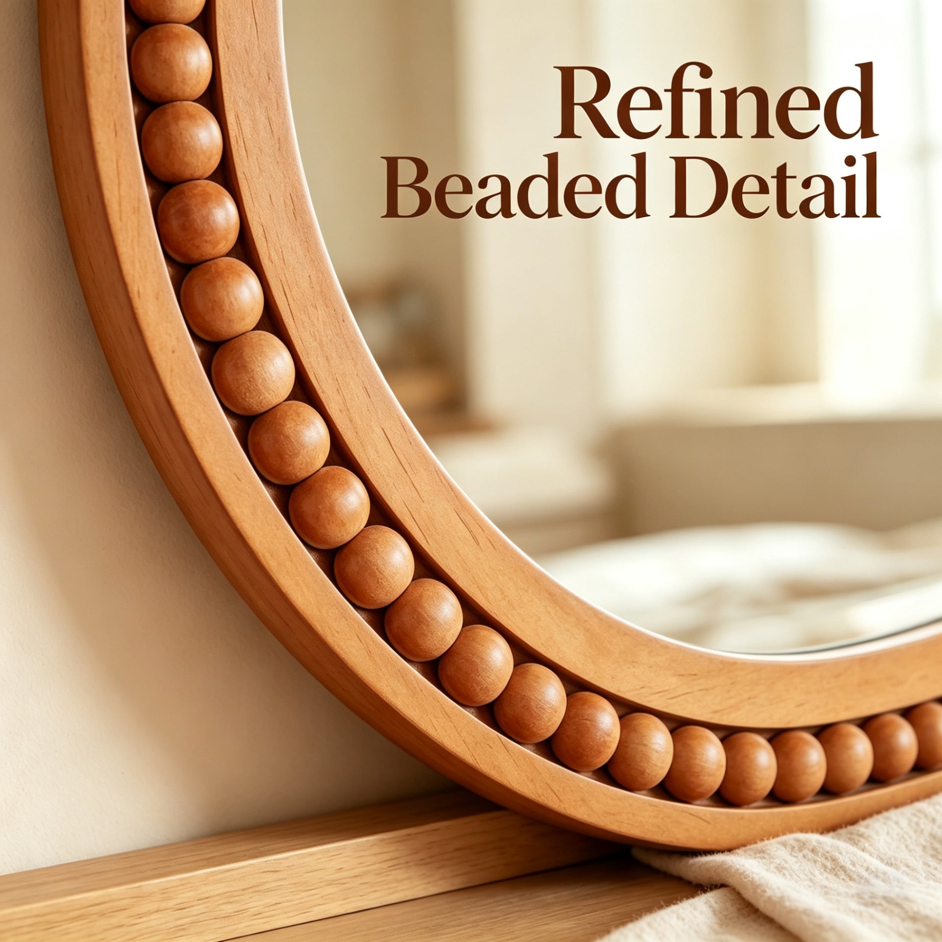 30×30 Inch Round Wall Mirror with Beaded Solid Wood Frame, Rustic Farmhouse Decor Mirror for Entryway, Bathroom & Living Room