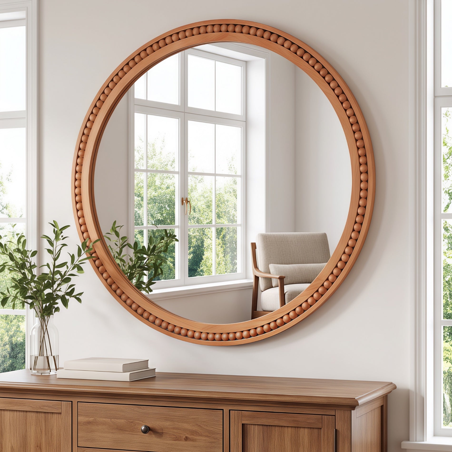 30×30 Inch Round Wall Mirror with Beaded Solid Wood Frame, Rustic Farmhouse Decor Mirror for Entryway, Bathroom & Living Room