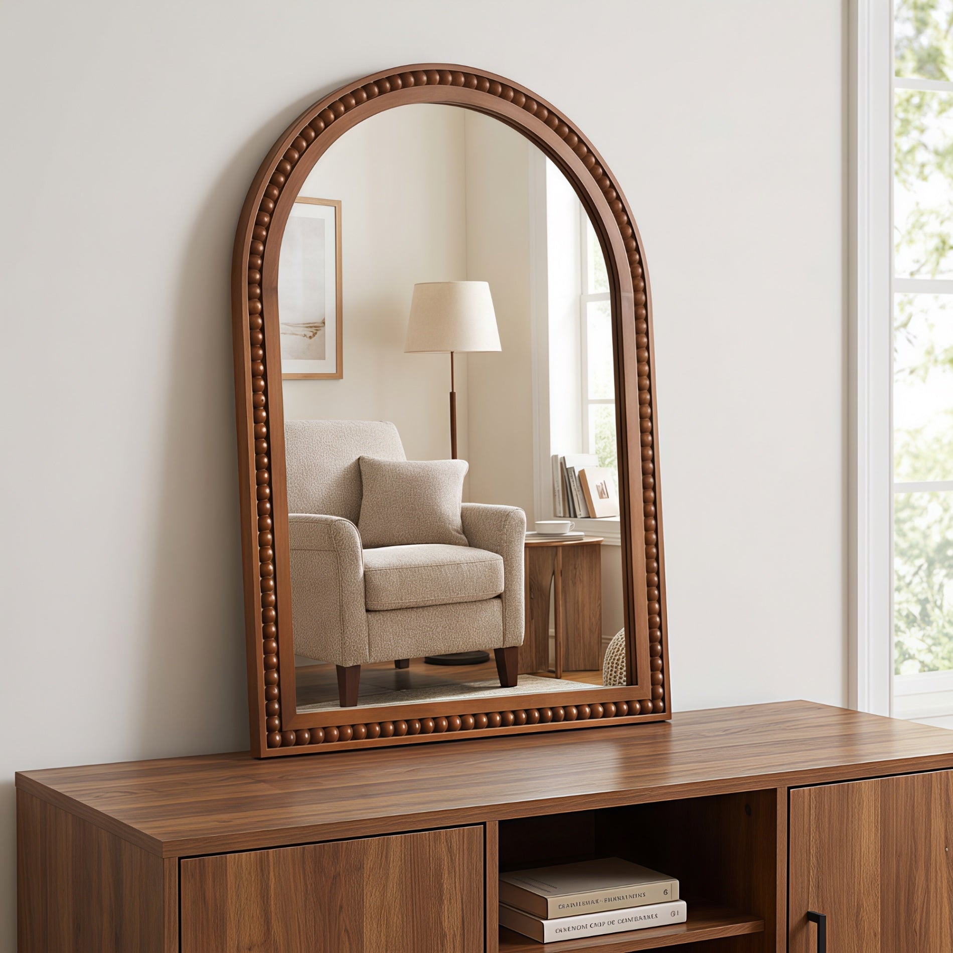 20×30 Inch Arch Wall Mirror With Beaded Solid Wood Frame, Rustic Farmhouse Decor Mirror for Entryway, Bathroom & Living Room