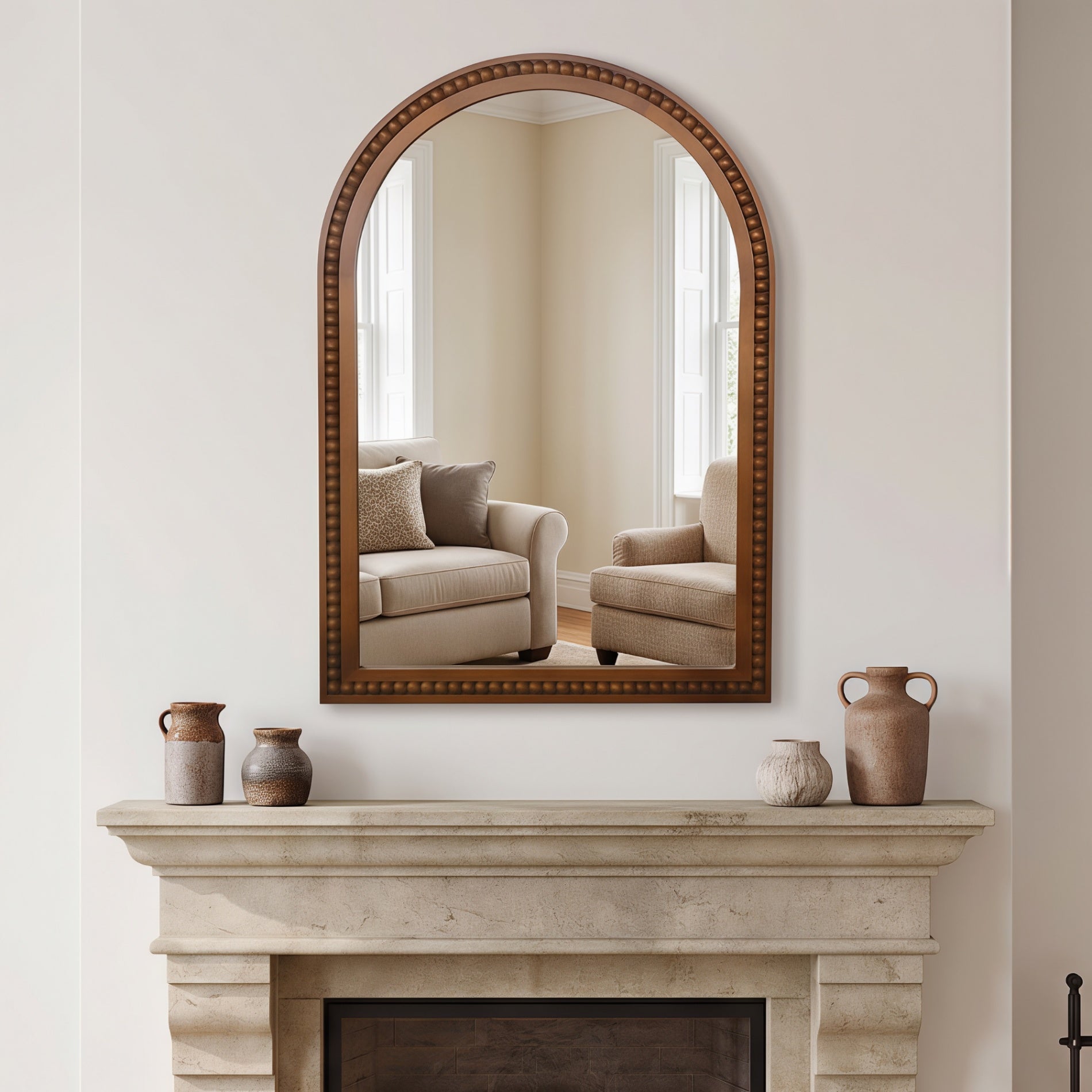 20×30 Inch Arch Wall Mirror With Beaded Solid Wood Frame, Rustic Farmhouse Decor Mirror for Entryway, Bathroom & Living Room