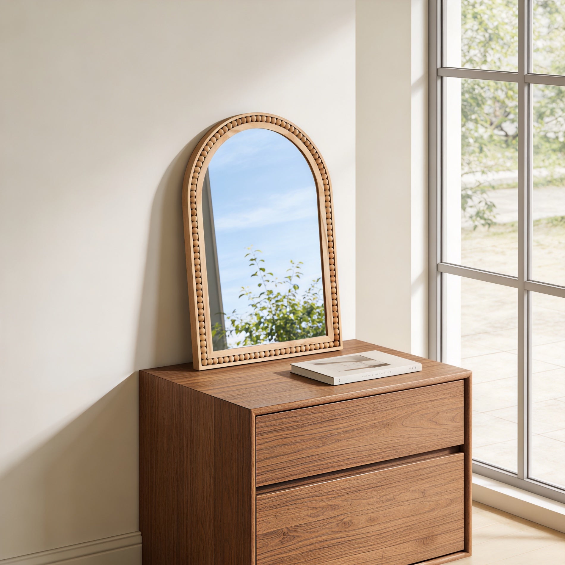20×30 Inch Arch Wall Mirror With Beaded Solid Wood Frame, Rustic Farmhouse Decor Mirror for Entryway, Bathroom & Living Room