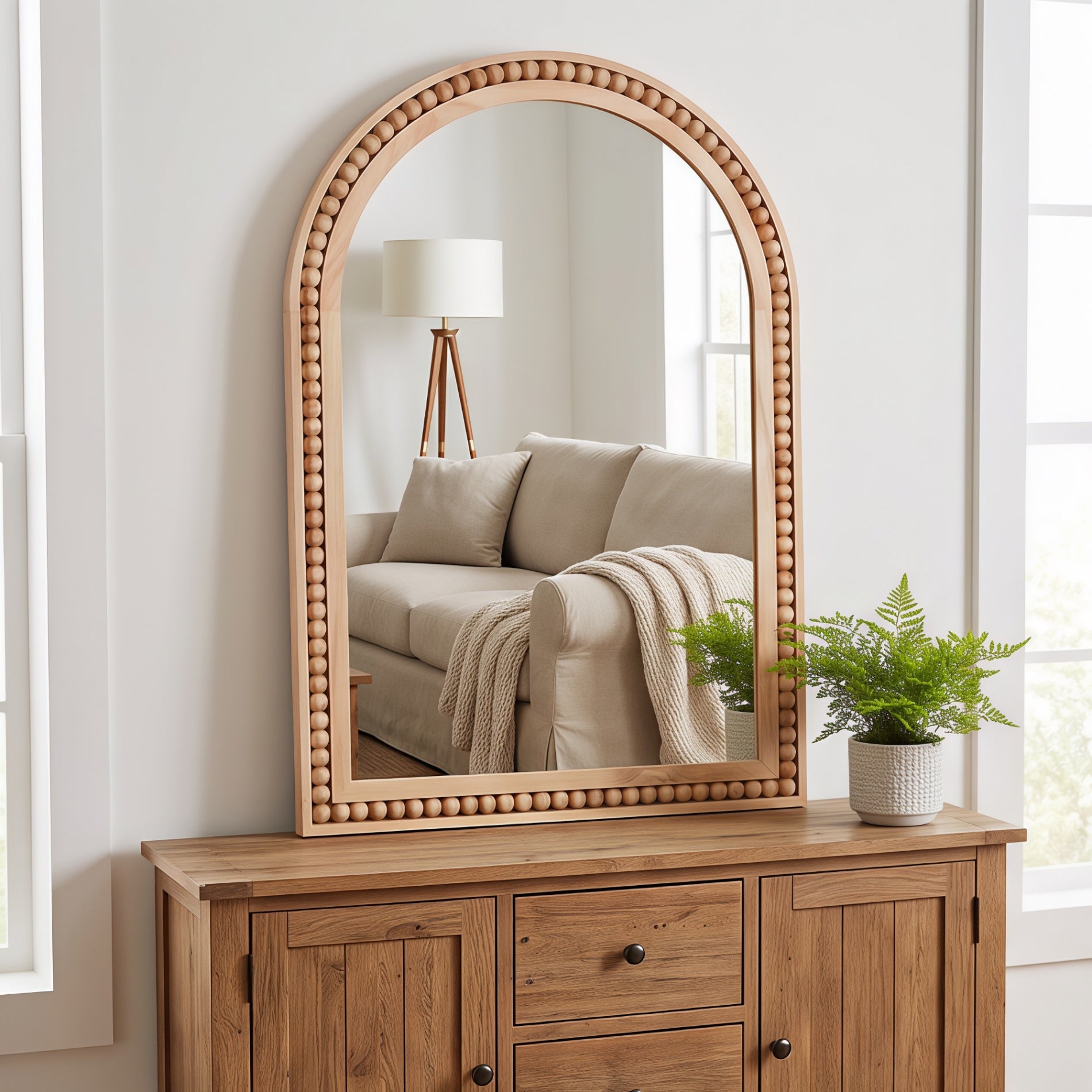 20×30 Inch Arch Wall Mirror With Beaded Solid Wood Frame, Rustic Farmhouse Decor Mirror for Entryway, Bathroom & Living Room