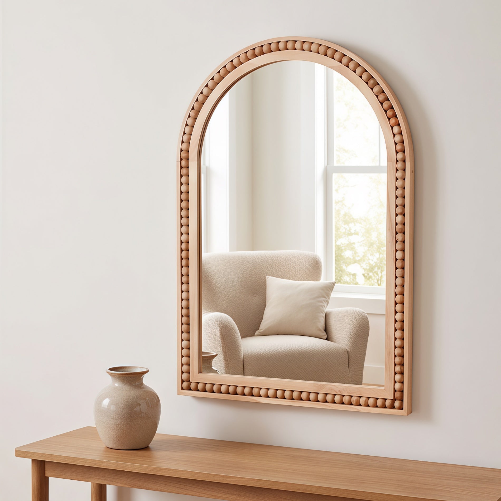 20×30 Inch Arch Wall Mirror With Beaded Solid Wood Frame, Rustic Farmhouse Decor Mirror for Entryway, Bathroom & Living Room