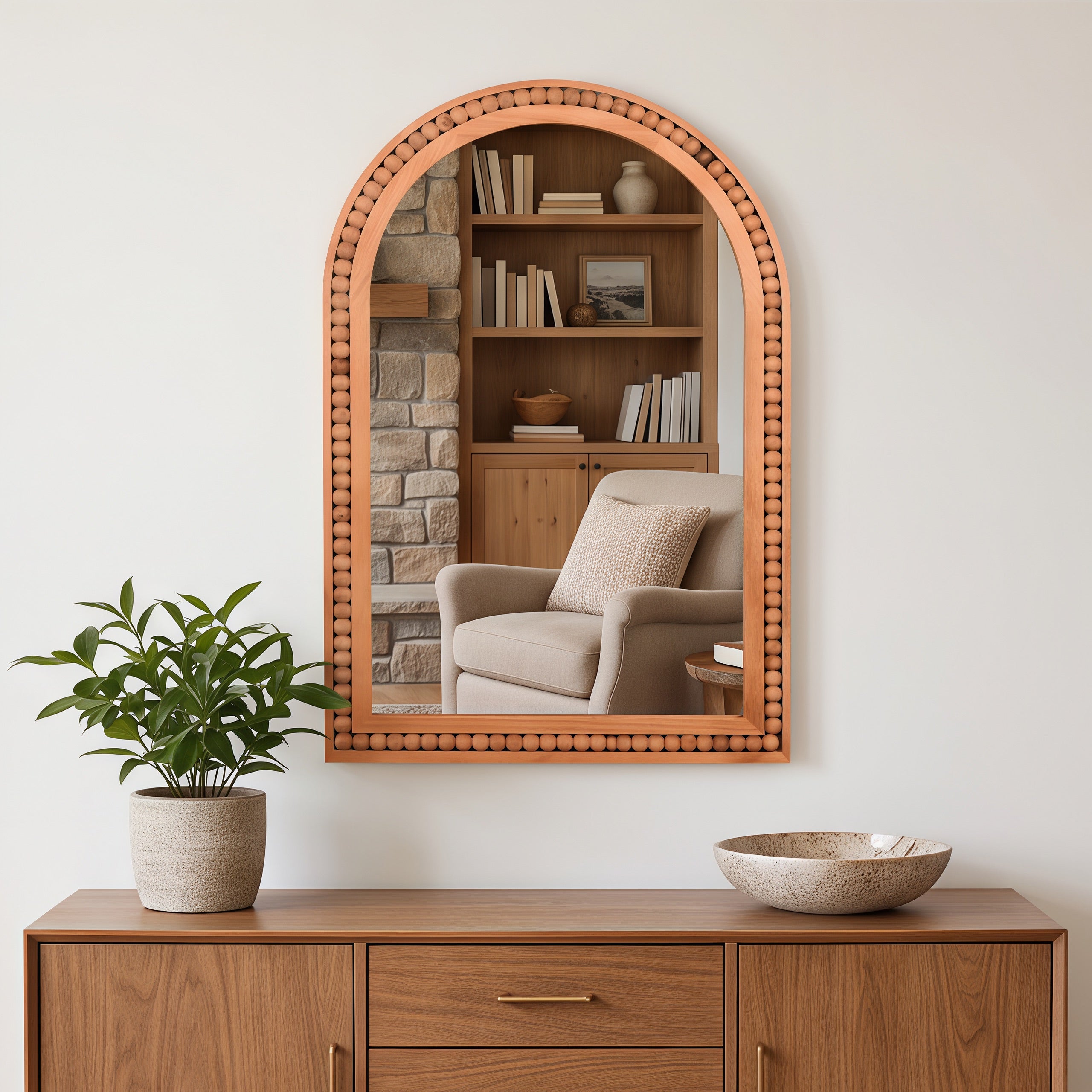 20×30 Inch Arch Wall Mirror With Beaded Solid Wood Frame, Rustic Farmhouse Decor Mirror for Entryway, Bathroom & Living Room