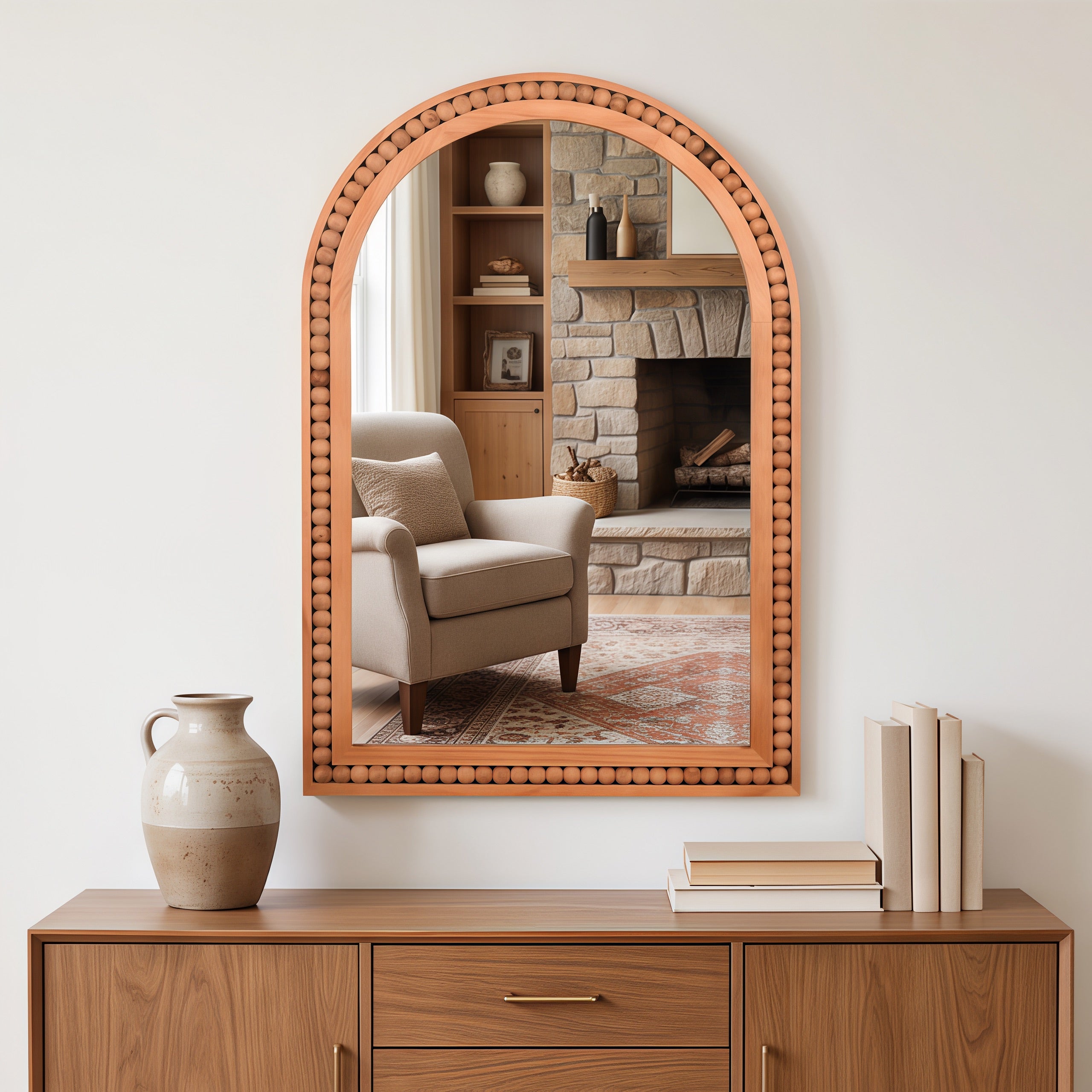 20×30 Inch Arch Wall Mirror With Beaded Solid Wood Frame, Rustic Farmhouse Decor Mirror for Entryway, Bathroom & Living Room