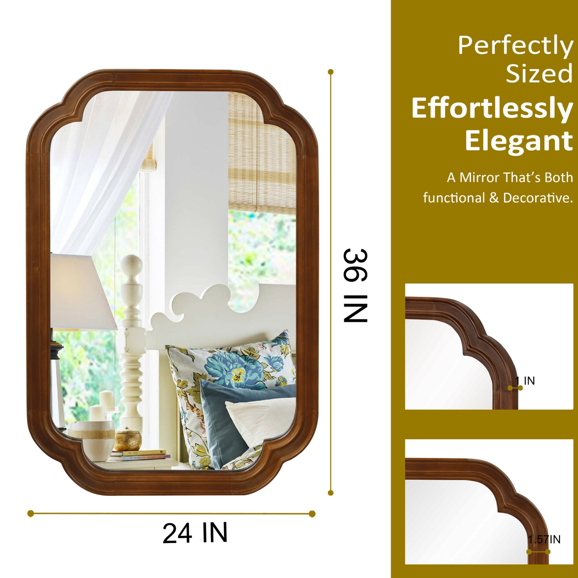 24" x 36" Solid Wood Frame Rounded Corner Decorative Mirror, For Bedroom, Bathroom, Living Room, Entryway