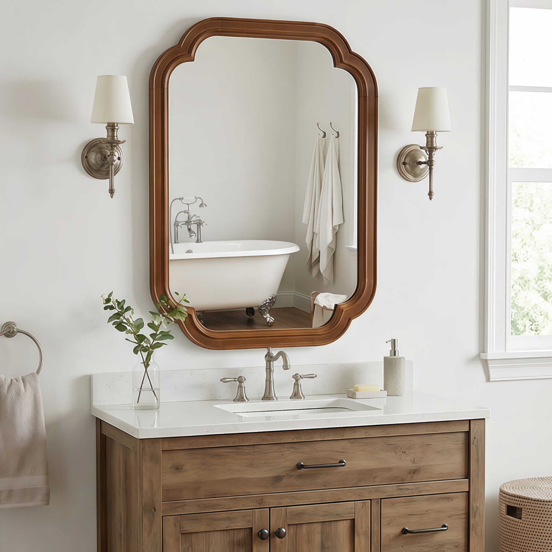 24" x 36" Solid Wood Frame Rounded Corner Decorative Mirror, For Bedroom, Bathroom, Living Room, Entryway