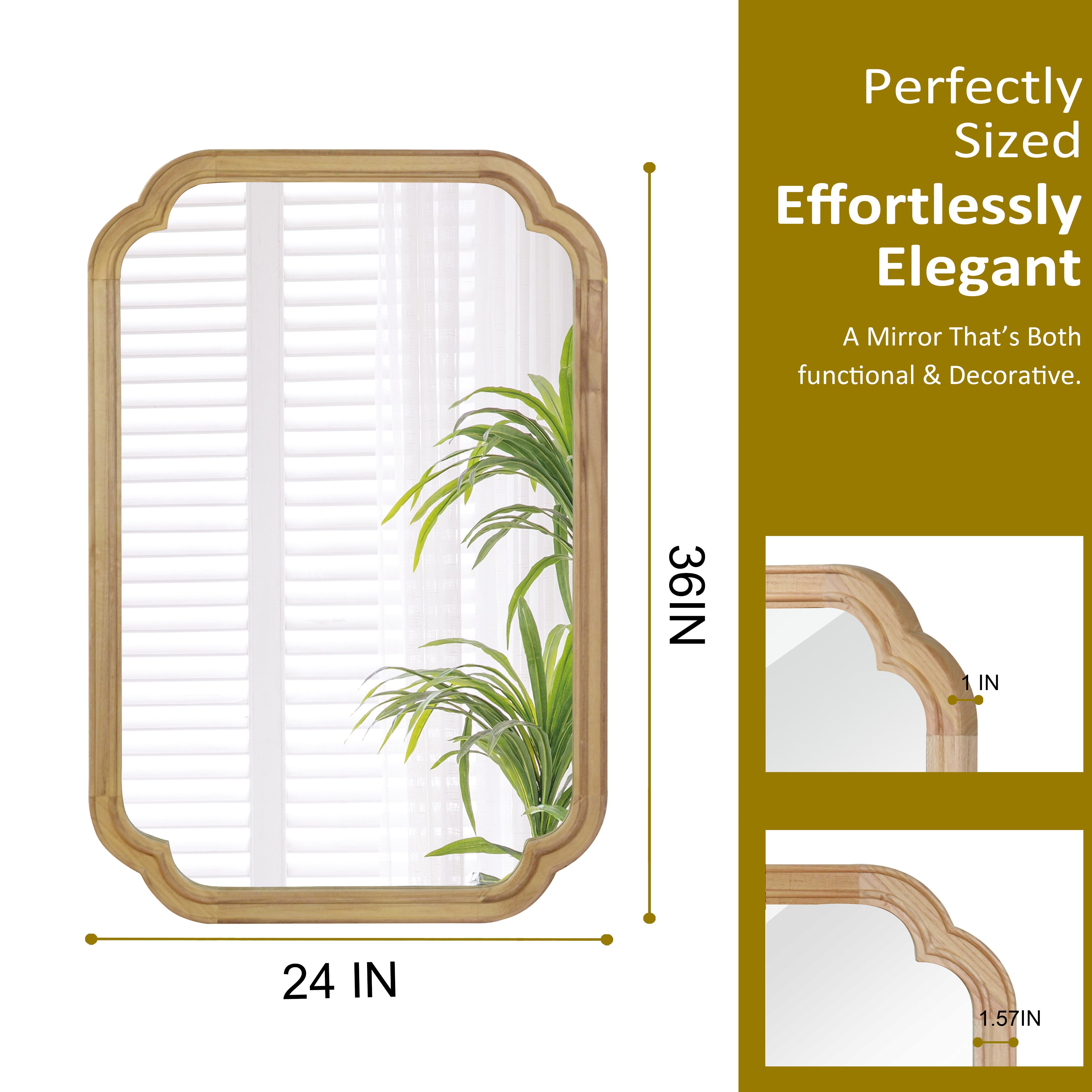 24" x 36" Solid Wood Frame Rounded Corner Decorative Mirror, For Bedroom, Bathroom, Living Room, Entryway