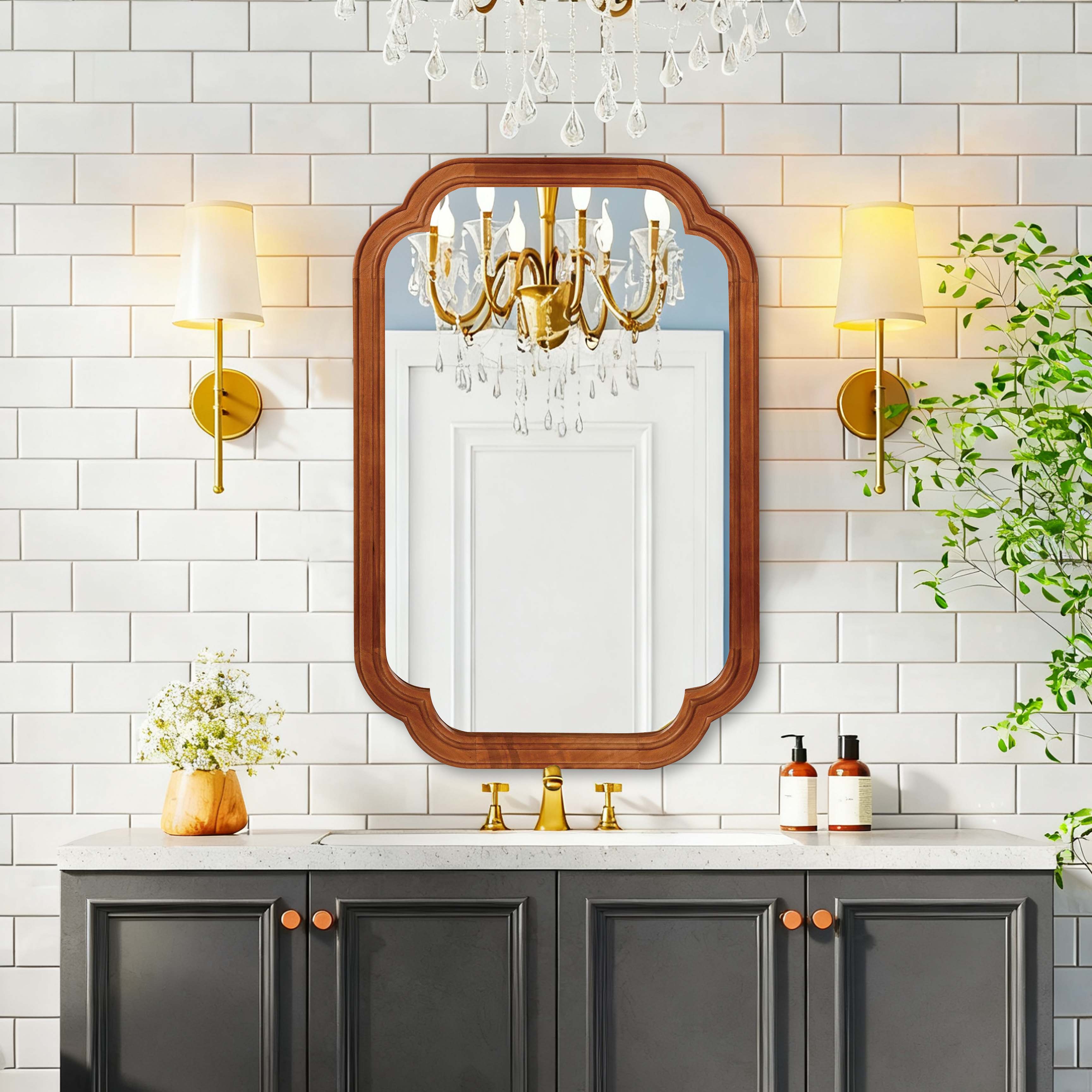 24" x 36" Solid Wood Frame Rounded Corner Decorative Mirror, For Bedroom, Bathroom, Living Room, Entryway