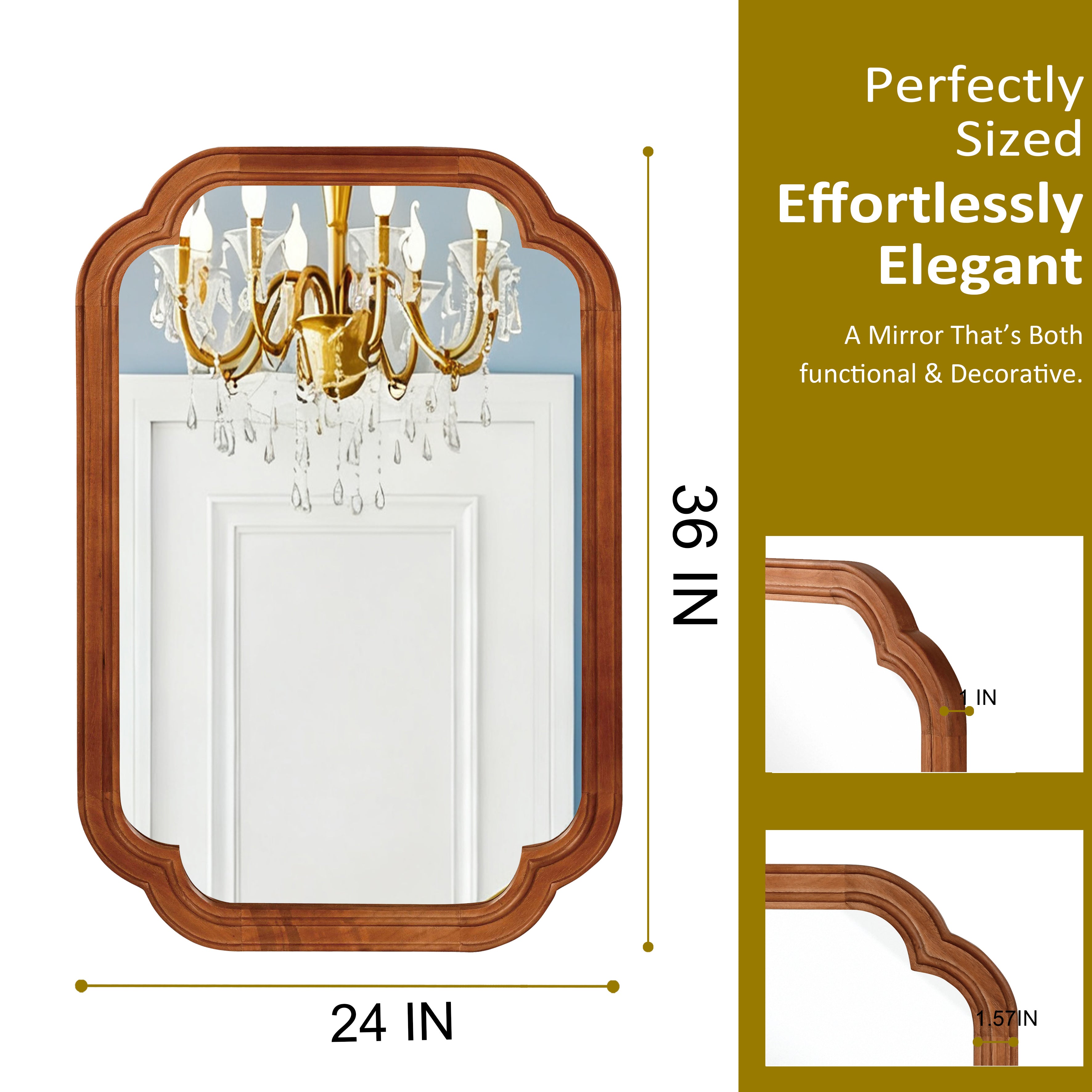 24" x 36" Solid Wood Frame Rounded Corner Decorative Mirror, For Bedroom, Bathroom, Living Room, Entryway