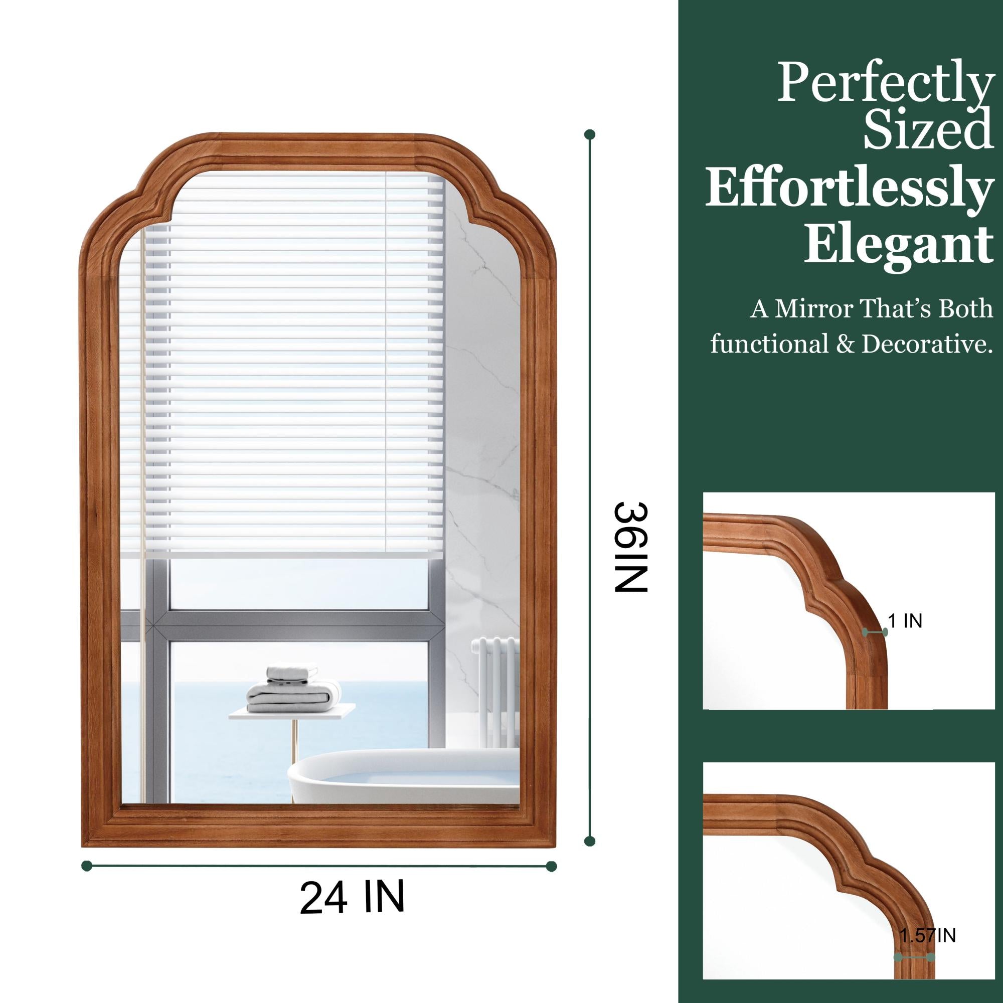 24 in. x 36 in. Solid Wood Frame Wall Mirror, Rounded Corner Tempered Glass Vanity Mirror for Bathroom, Bedroom & Entryway