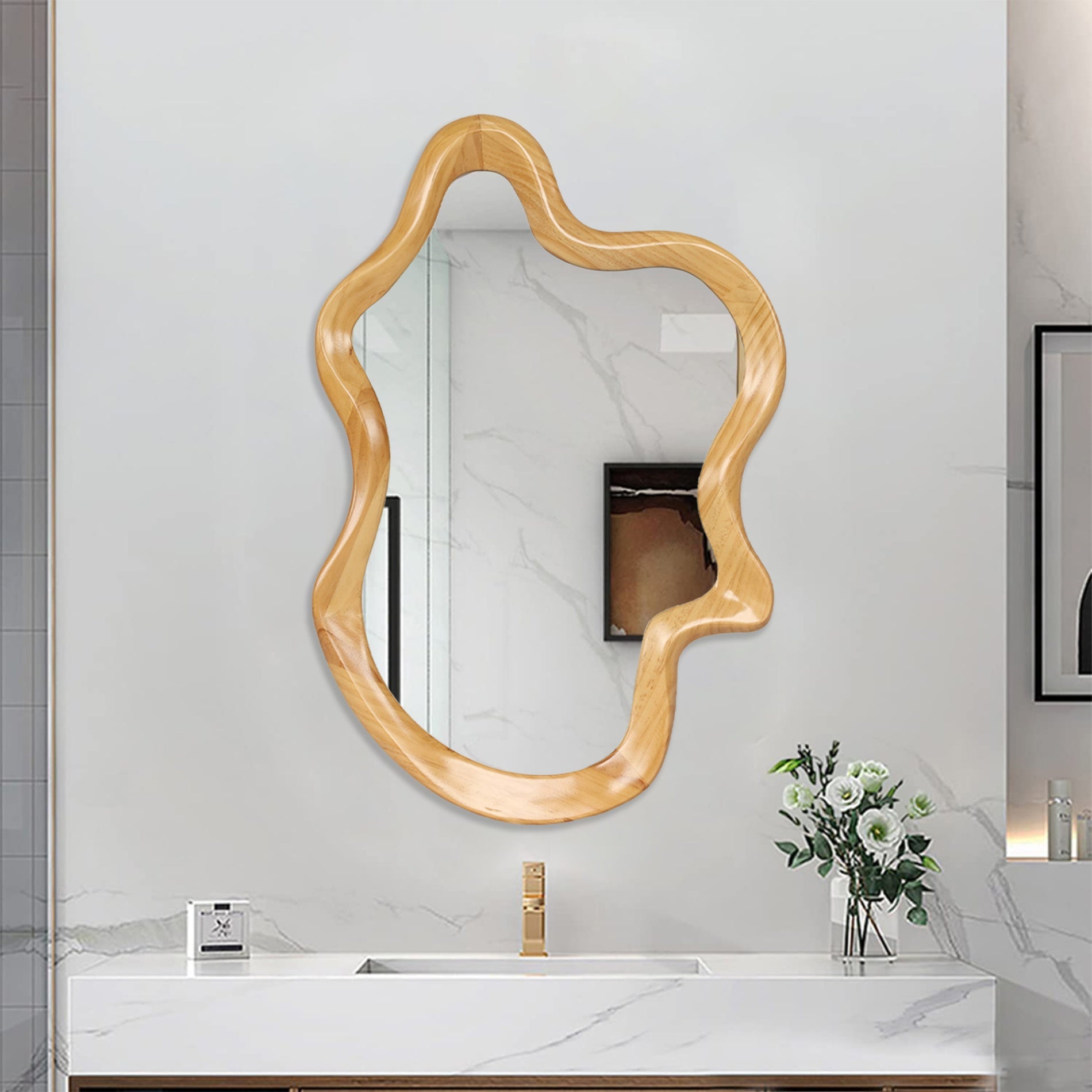 33.46 in. x 22.24 in. Irregular Natural Wood Frame Wall Mirror, Asymmetrical Decorative Vanity Mirror for Bathroom, Bedroom & Entryway