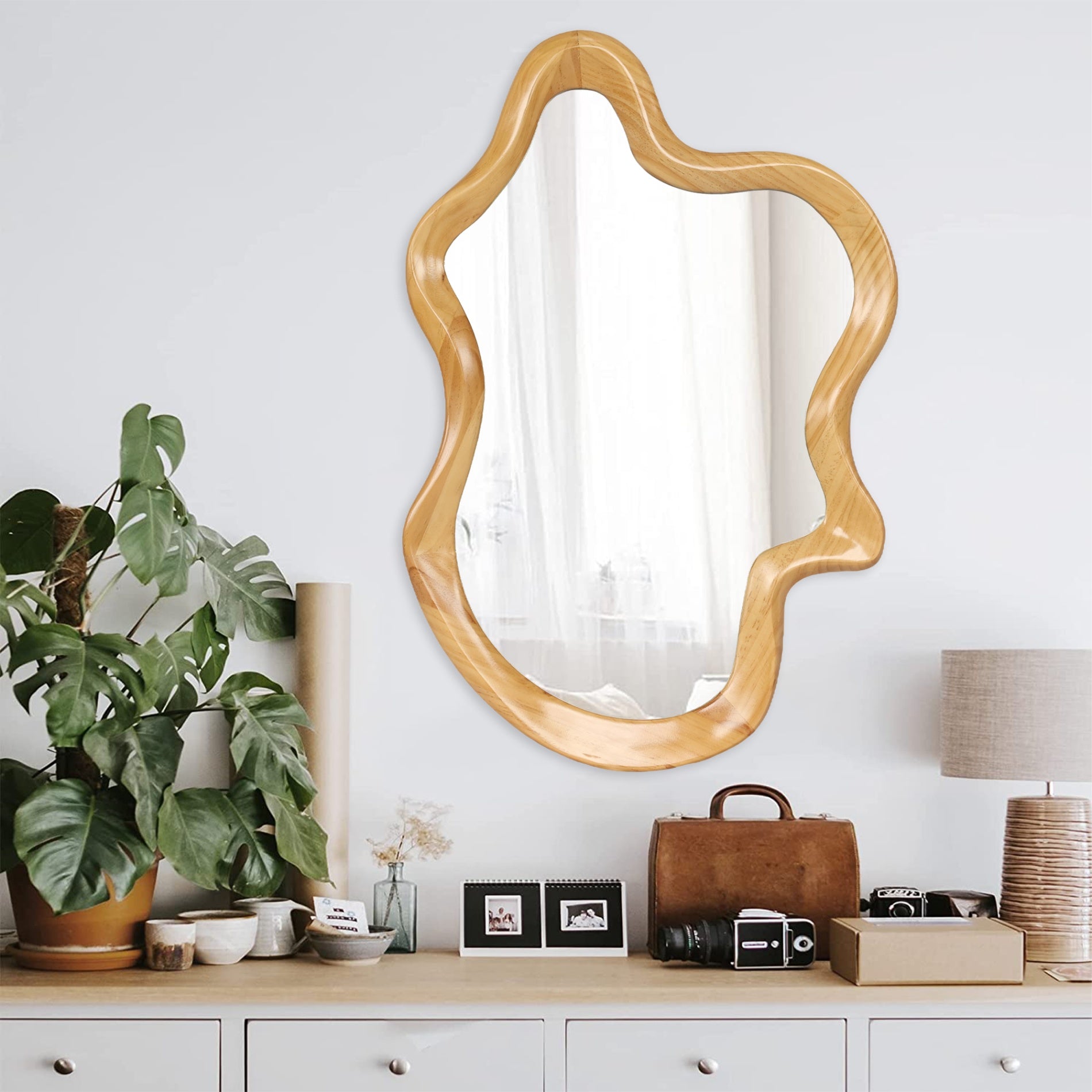 33.46 in. x 22.24 in. Irregular Natural Wood Frame Wall Mirror, Asymmetrical Decorative Vanity Mirror for Bathroom, Bedroom & Entryway