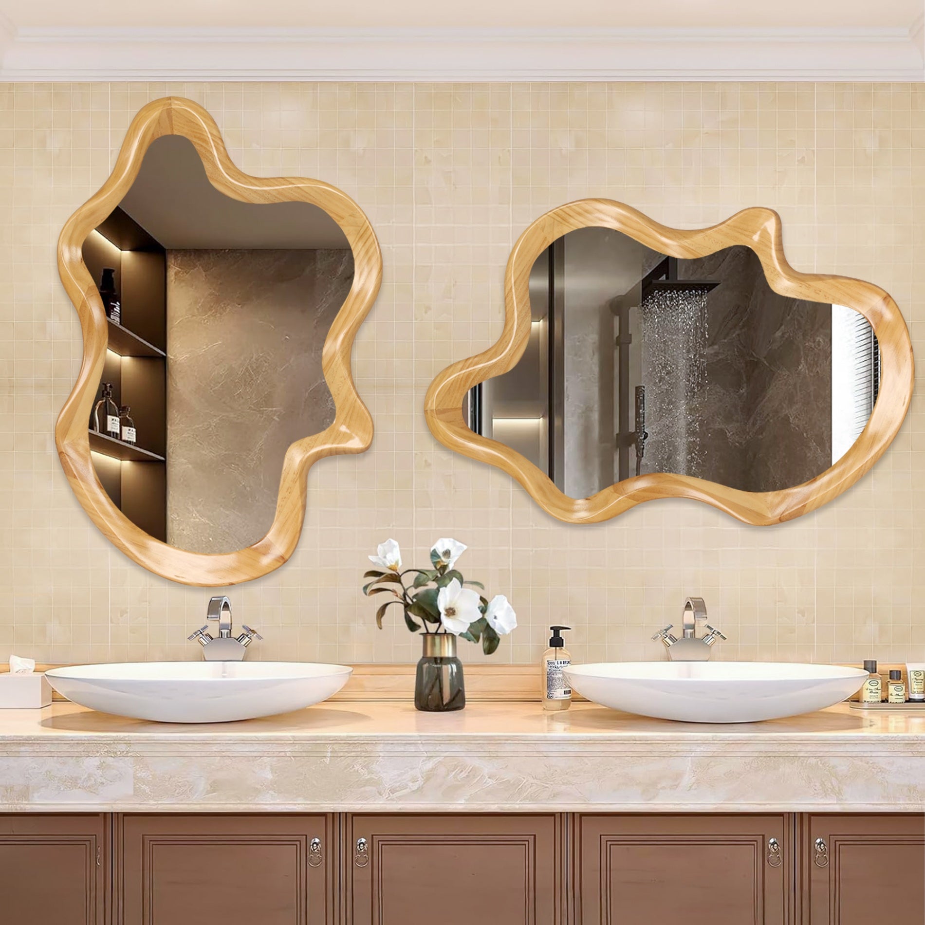 33.46 in. x 22.24 in. Irregular Natural Wood Frame Wall Mirror, Asymmetrical Decorative Vanity Mirror for Bathroom, Bedroom & Entryway