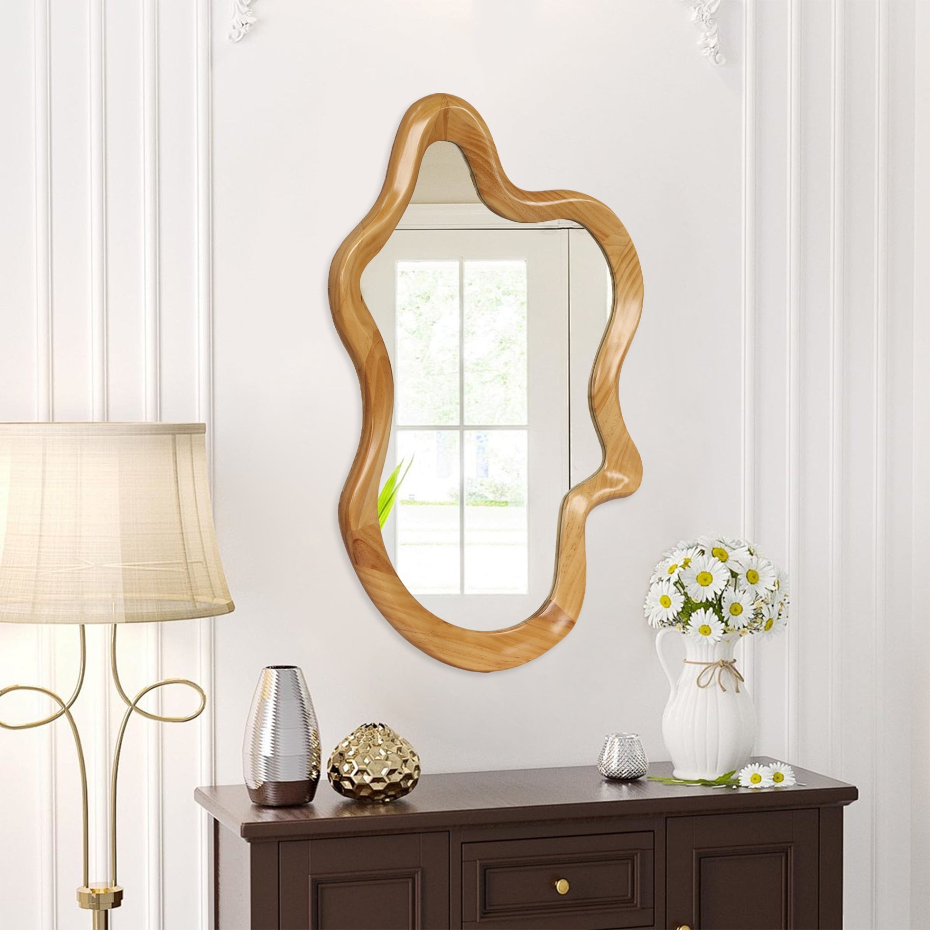 33.46 in. x 22.24 in. Irregular Natural Wood Frame Wall Mirror, Asymmetrical Decorative Vanity Mirror for Bathroom, Bedroom & Entryway