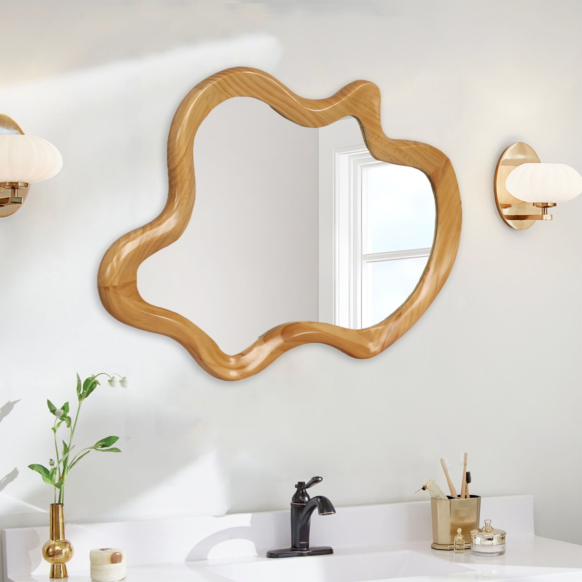 33.46 in. x 22.24 in. Irregular Natural Wood Frame Wall Mirror, Asymmetrical Decorative Vanity Mirror for Bathroom, Bedroom & Entryway