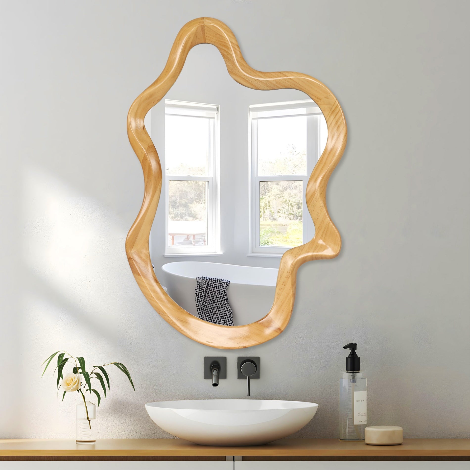 33.46 in. x 22.24 in. Irregular Natural Wood Frame Wall Mirror, Asymmetrical Decorative Vanity Mirror for Bathroom, Bedroom & Entryway