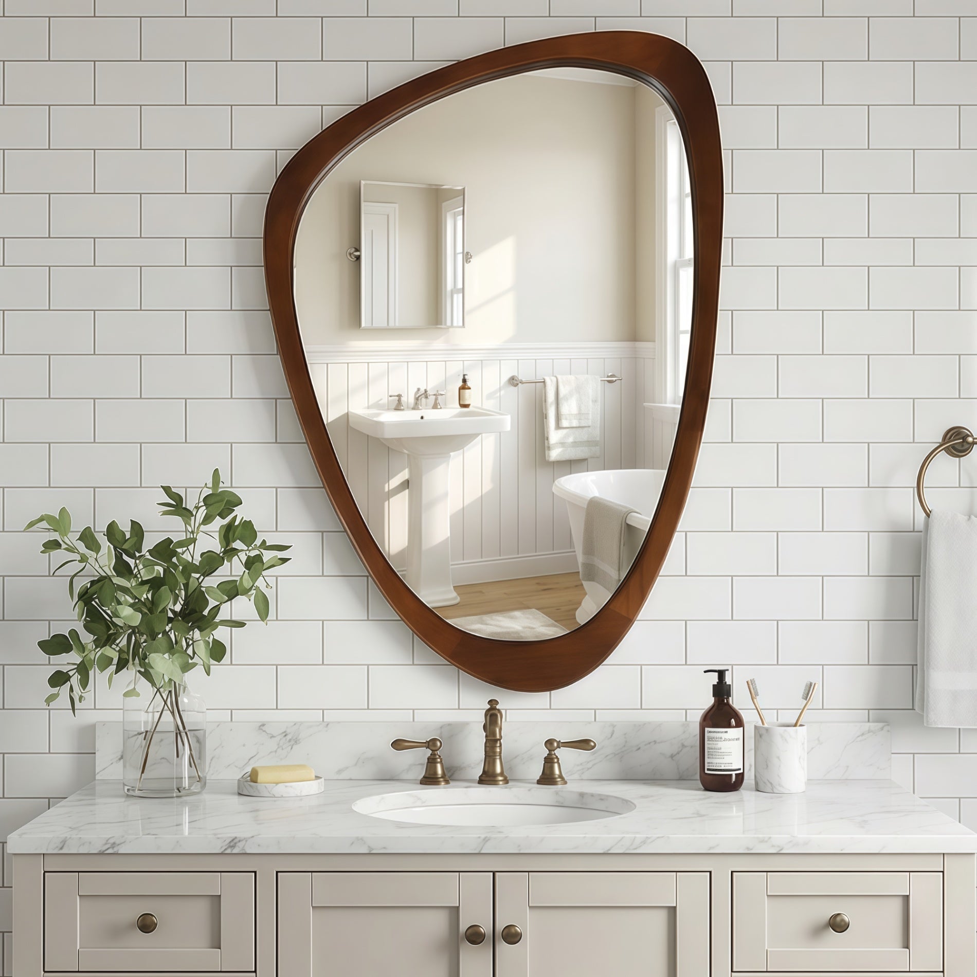 24 in. x 36 in. Irregular Solid Wood Wall Mirror, Decorative Tempered Glass Vanity Mirror for Bathroom, Bedroom & Entryway