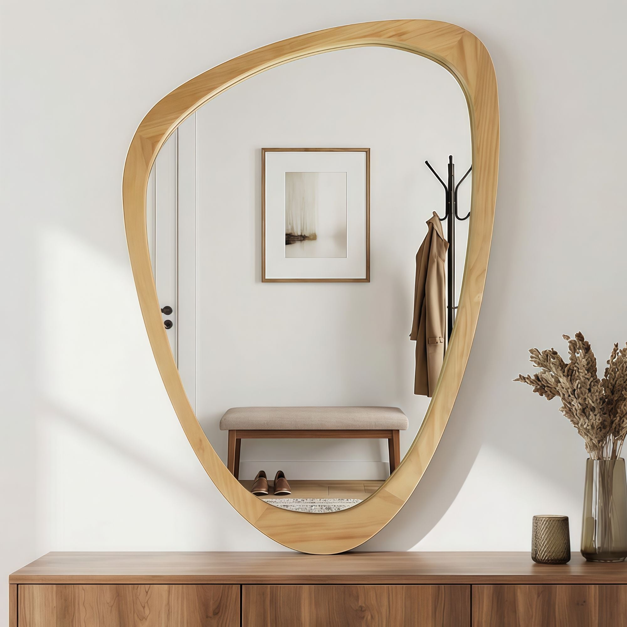 24 in. x 36 in. Irregular Solid Wood Wall Mirror, Decorative Tempered Glass Vanity Mirror for Bathroom, Bedroom & Entryway