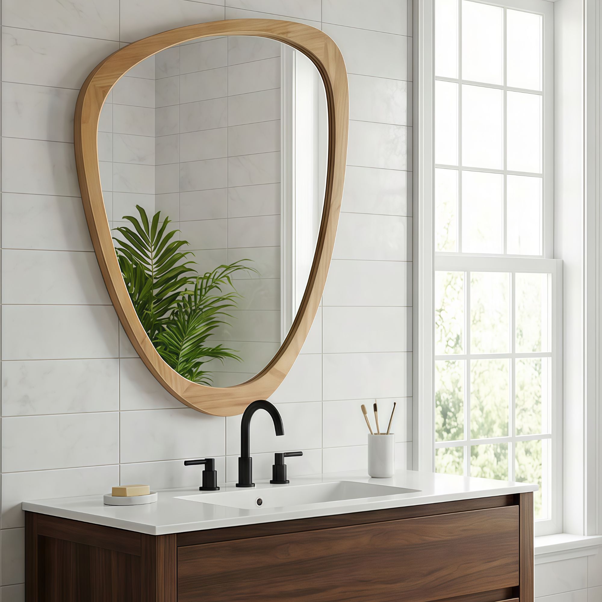 24 in. x 36 in. Irregular Solid Wood Wall Mirror, Decorative Tempered Glass Vanity Mirror for Bathroom, Bedroom & Entryway