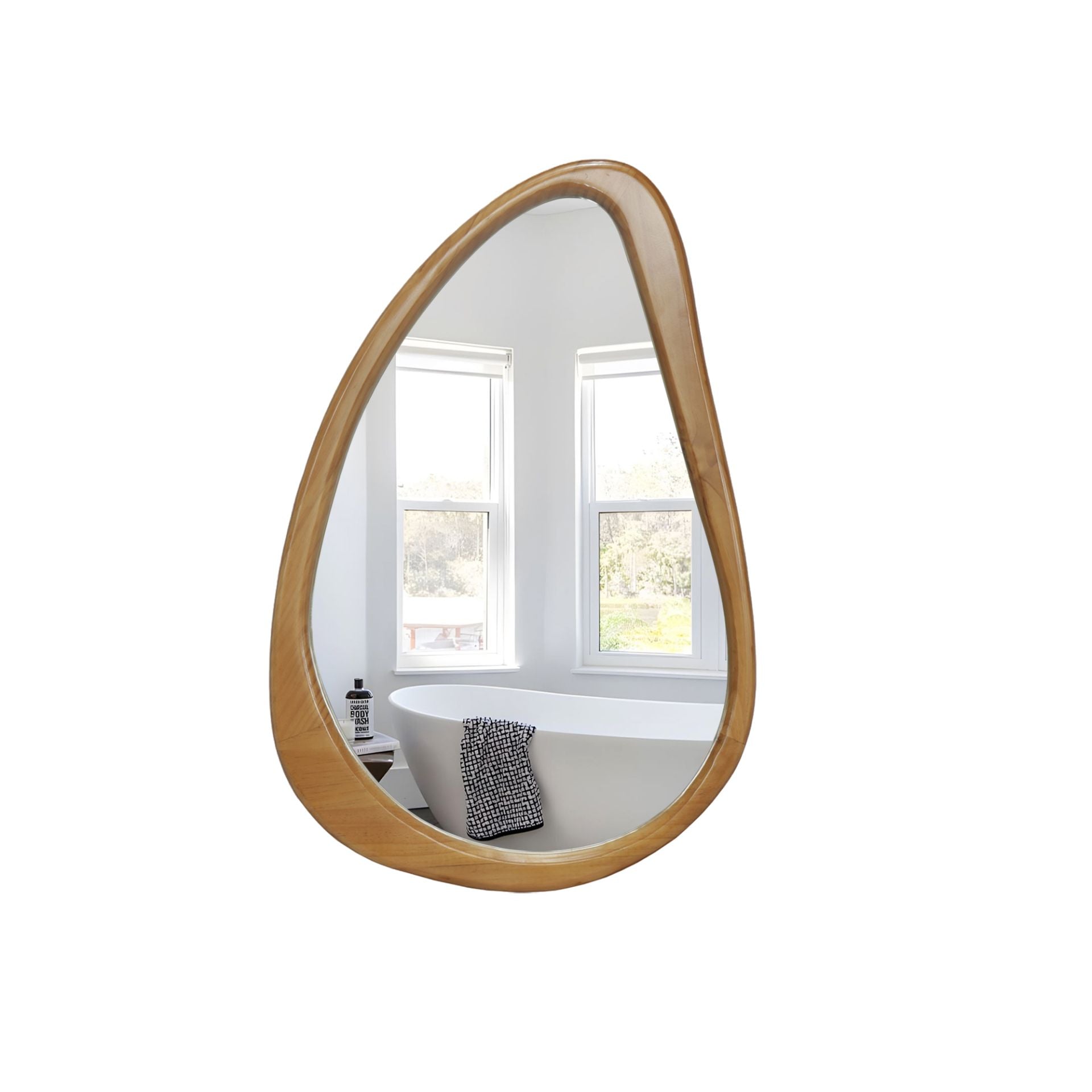 29.92 in. x 20.08 in. Natural Wood Irregular Teardrop Wall Mirror, Mid-Century Decorative Accent Mirror for Bathroom, Bedroom & Living Room