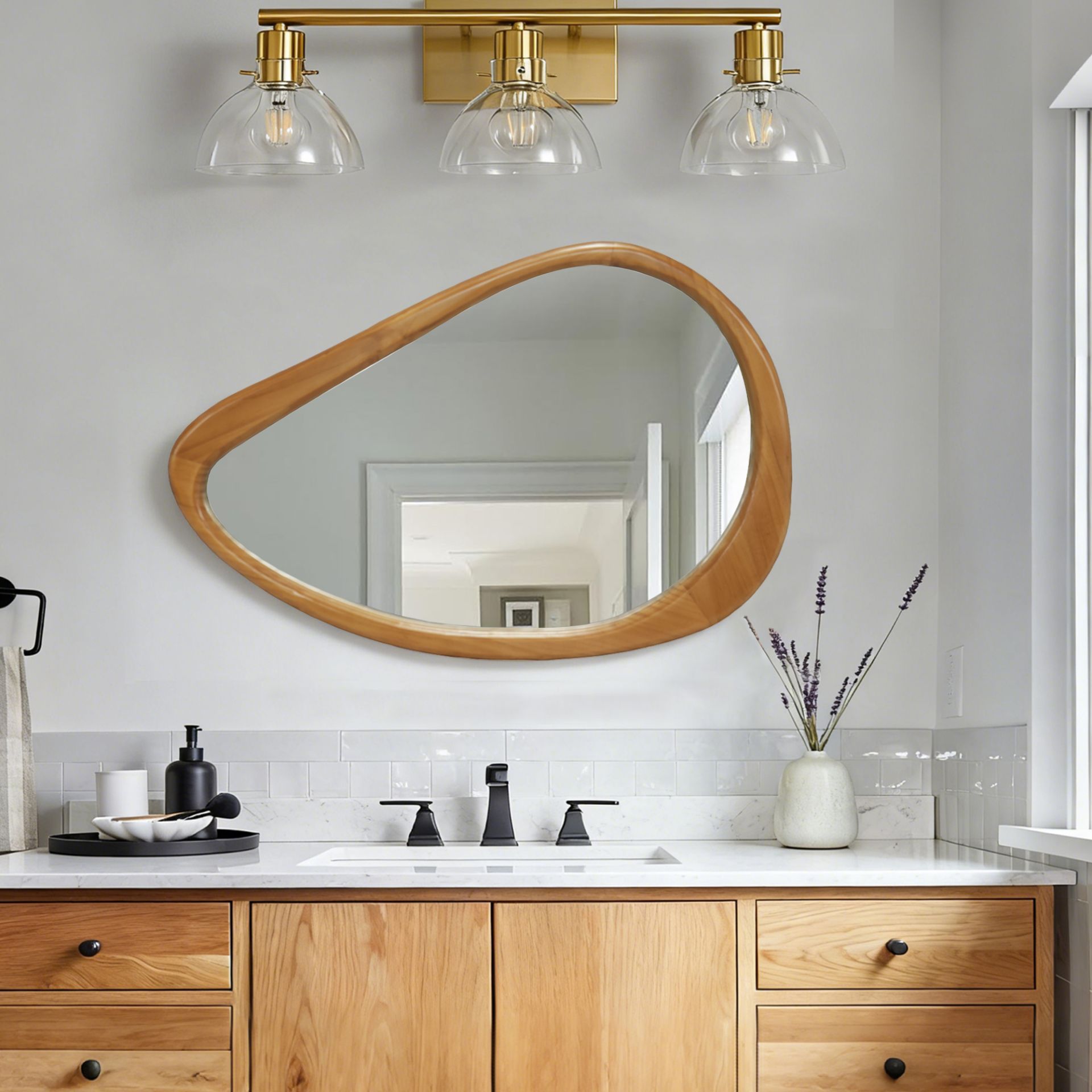 29.92 in. x 20.08 in. Natural Wood Irregular Teardrop Wall Mirror, Mid-Century Decorative Accent Mirror for Bathroom, Bedroom & Living Room