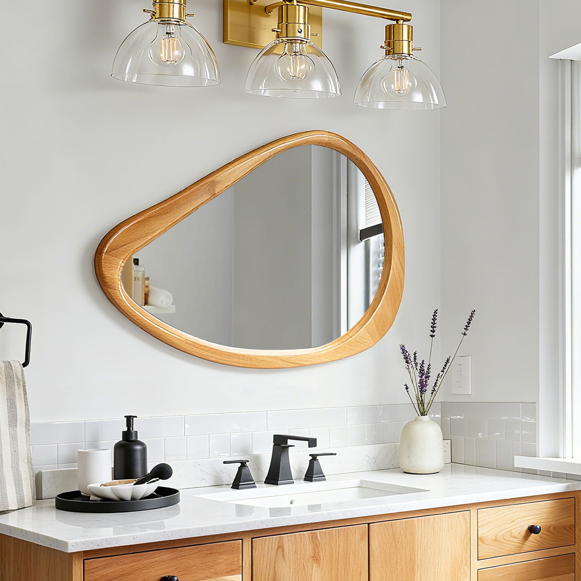 29.92 in. x 20.08 in. Natural Wood Irregular Teardrop Wall Mirror, Mid-Century Decorative Accent Mirror for Bathroom, Bedroom & Living Room