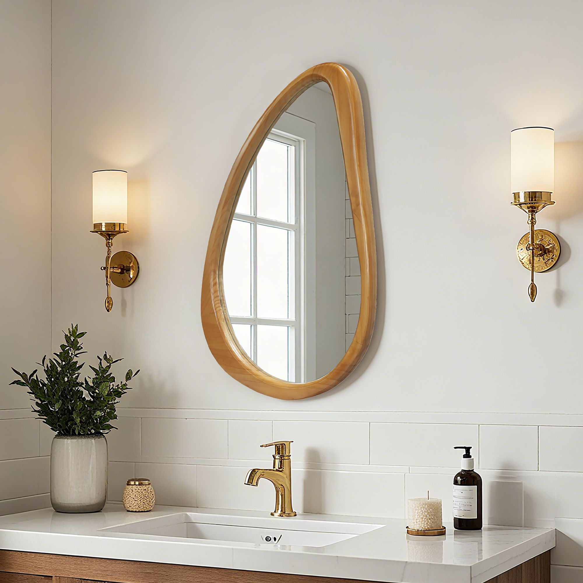 29.92 in. x 20.08 in. Natural Wood Irregular Teardrop Wall Mirror, Mid-Century Decorative Accent Mirror for Bathroom, Bedroom & Living Room