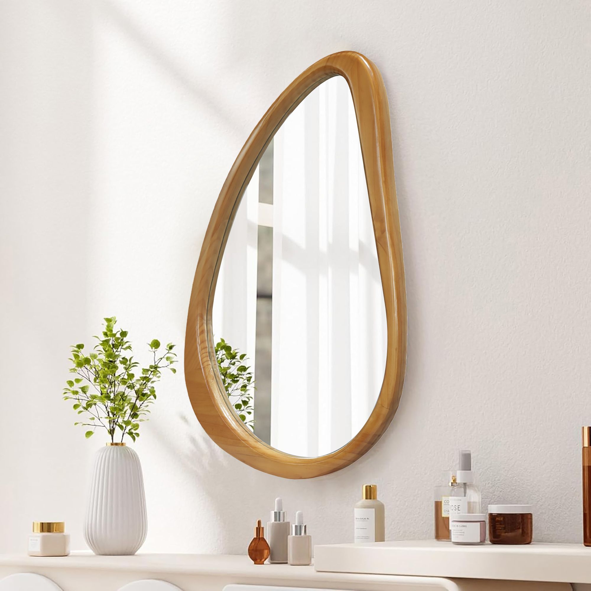 29.92 in. x 20.08 in. Natural Wood Irregular Teardrop Wall Mirror, Mid-Century Decorative Accent Mirror for Bathroom, Bedroom & Living Room