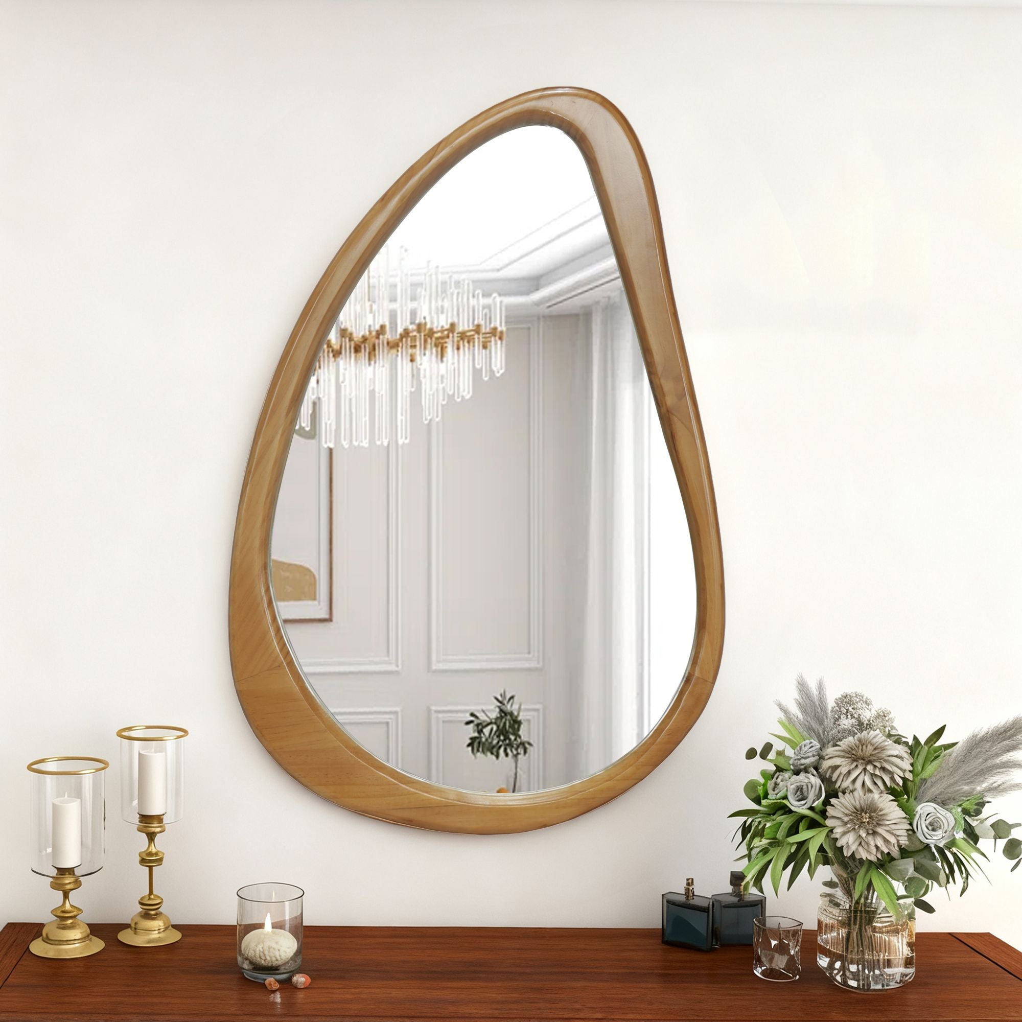 29.92 in. x 20.08 in. Natural Wood Irregular Teardrop Wall Mirror, Mid-Century Decorative Accent Mirror for Bathroom, Bedroom & Living Room