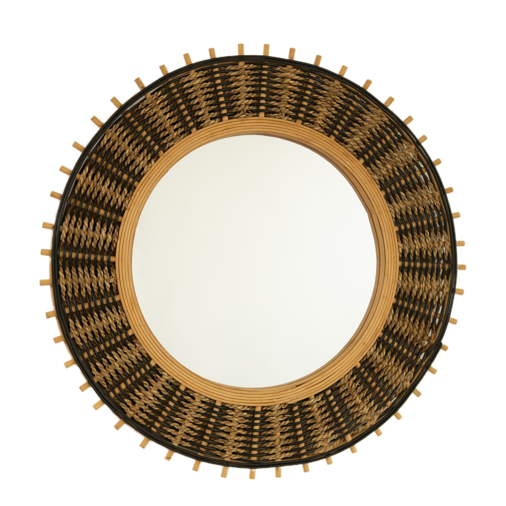 23 in. Natural Bamboo Round Wall Mirror with Light Yellow & Black Woven Hemp Rope, Handcrafted Decorative Accent Mirror for Bathroom, Bedroom & Entryway
