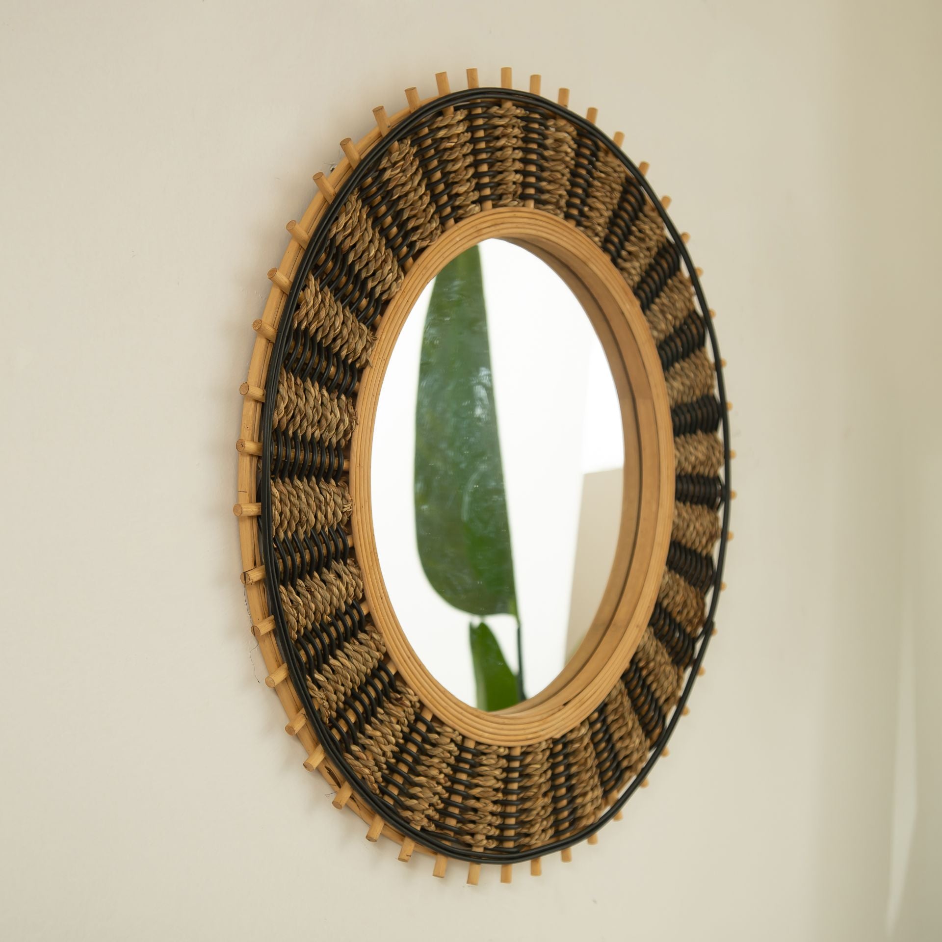 23 in. Natural Bamboo Round Wall Mirror with Light Yellow & Black Woven Hemp Rope, Handcrafted Decorative Accent Mirror for Bathroom, Bedroom & Entryway